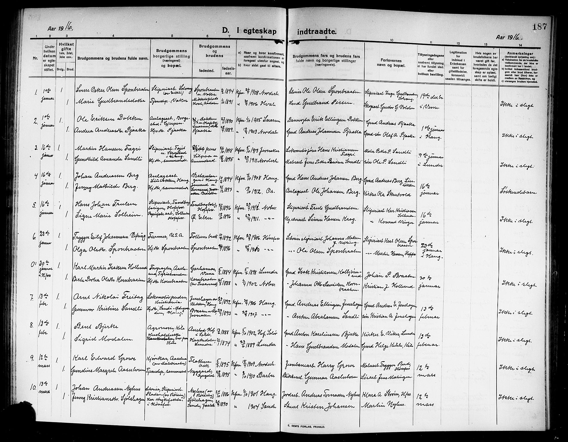 Norderhov kirkebøker, AV/SAKO-A-237/G/Ga/L0009: Klokkerbok nr. I 9, 1913-1920, s. 187