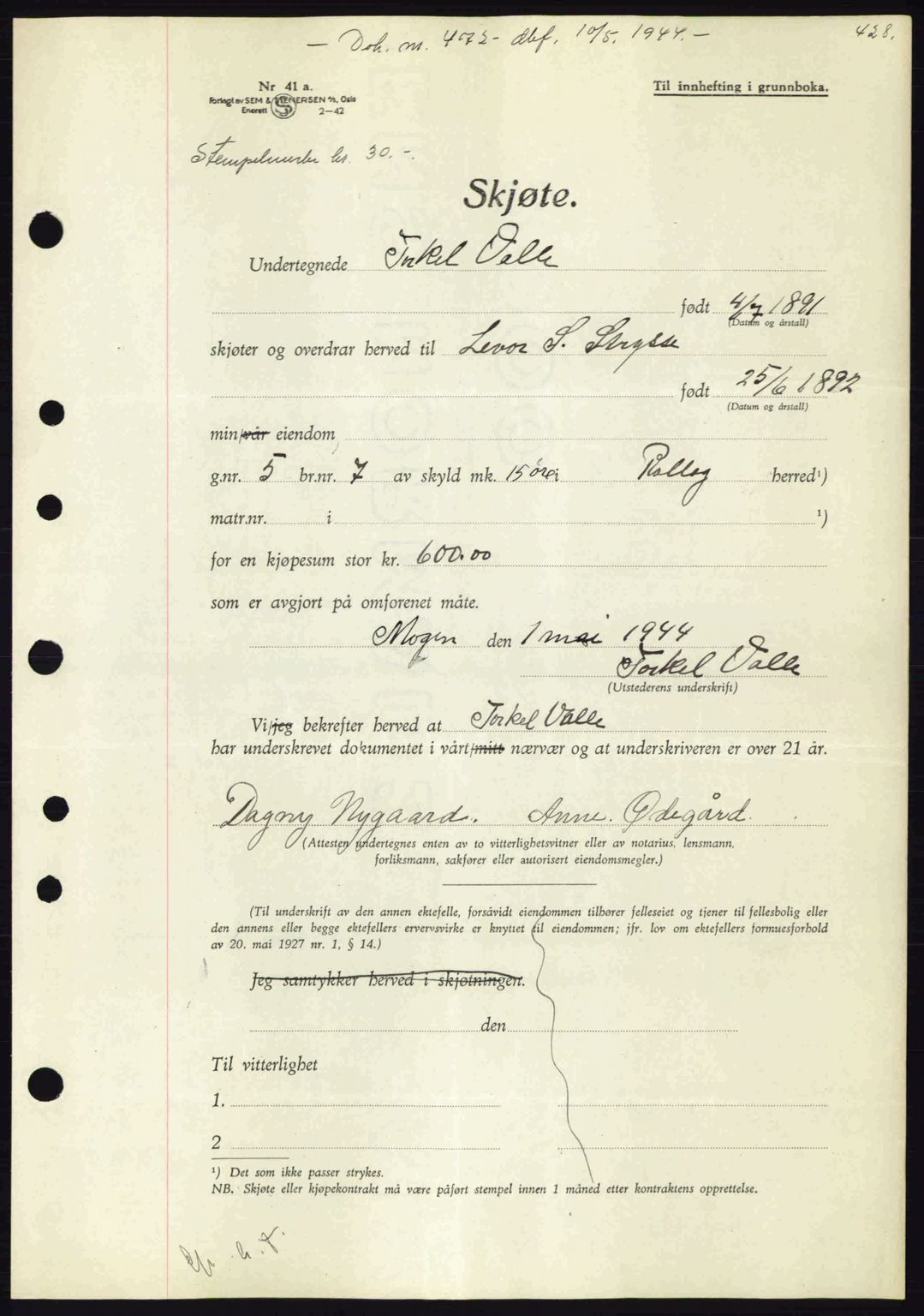 Numedal og Sandsvær sorenskriveri, SAKO/A-128/G/Ga/Gaa/L0055: Pantebok nr. A7, 1943-1944, Dagboknr: 472/1944