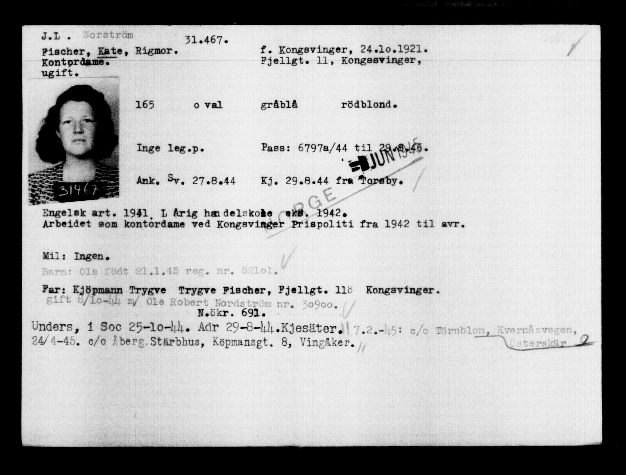 Utenriksstasjonene, Legasjonen i Stockholm, Flyktningkontoret, AV/RA-S-6753/V/Va/L0012: Kjesäterkartoteket, flyktninger med registreringsnr. 28300-31566, 1940-1945, s. 3431