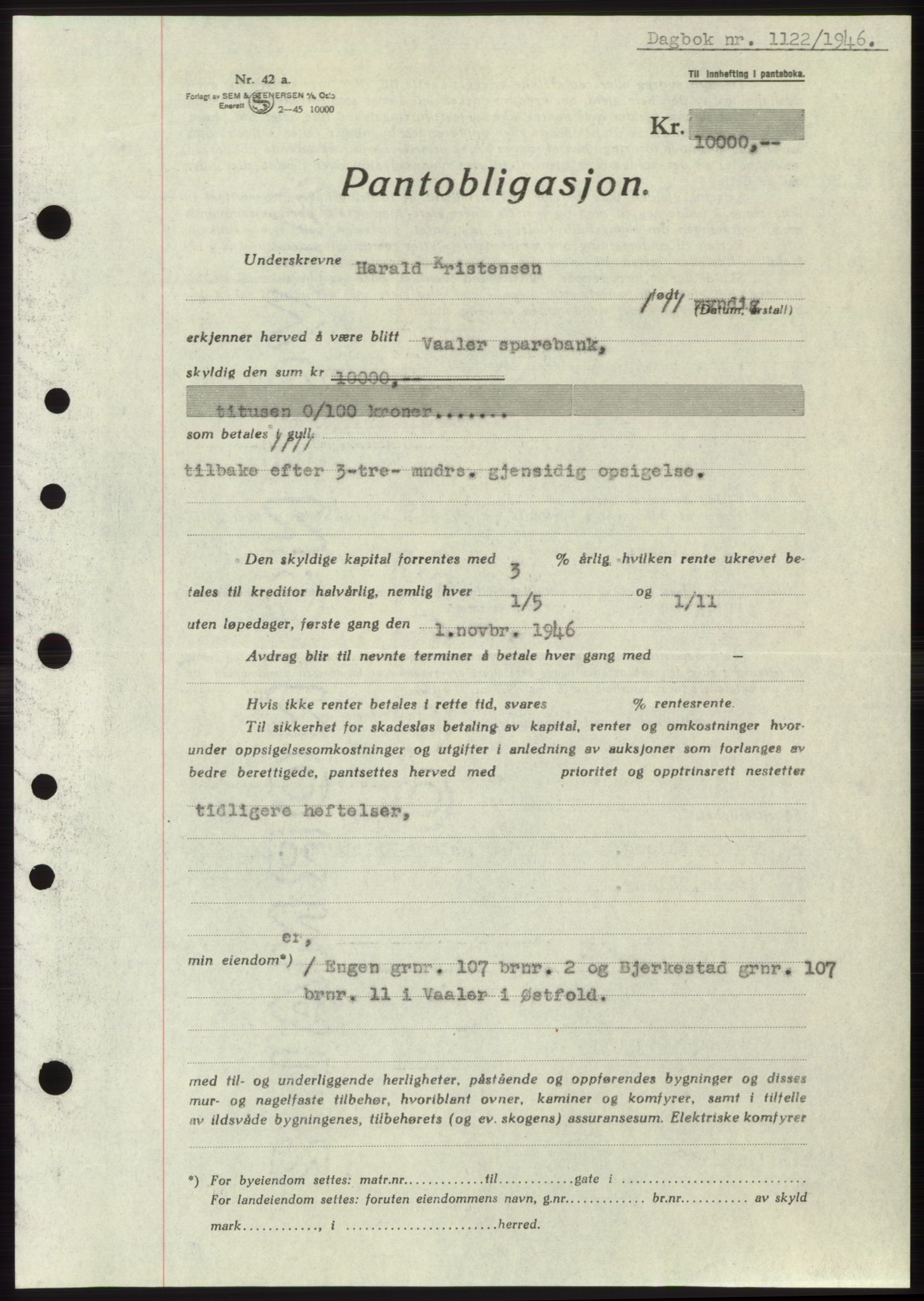 Moss sorenskriveri, SAO/A-10168: Pantebok nr. B15, 1946-1946, Dagboknr: 1122/1946
