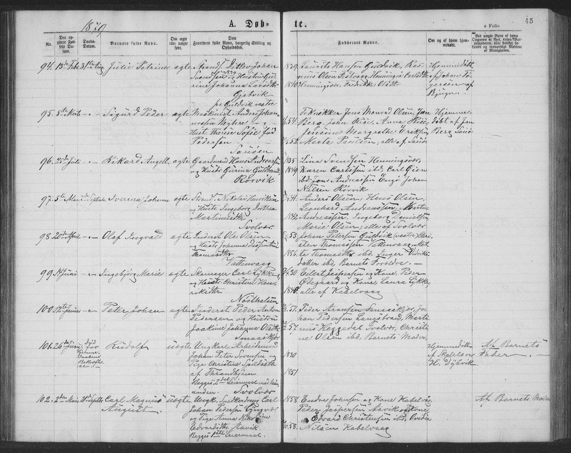 Ministerialprotokoller, klokkerbøker og fødselsregistre - Nordland, AV/SAT-A-1459/874/L1075: Klokkerbok nr. 874C04, 1876-1883, s. 45