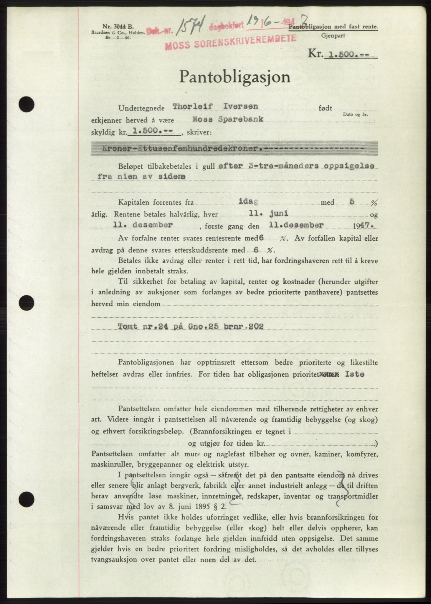 Moss sorenskriveri, SAO/A-10168: Pantebok nr. B17, 1947-1947, Dagboknr: 1574/1947