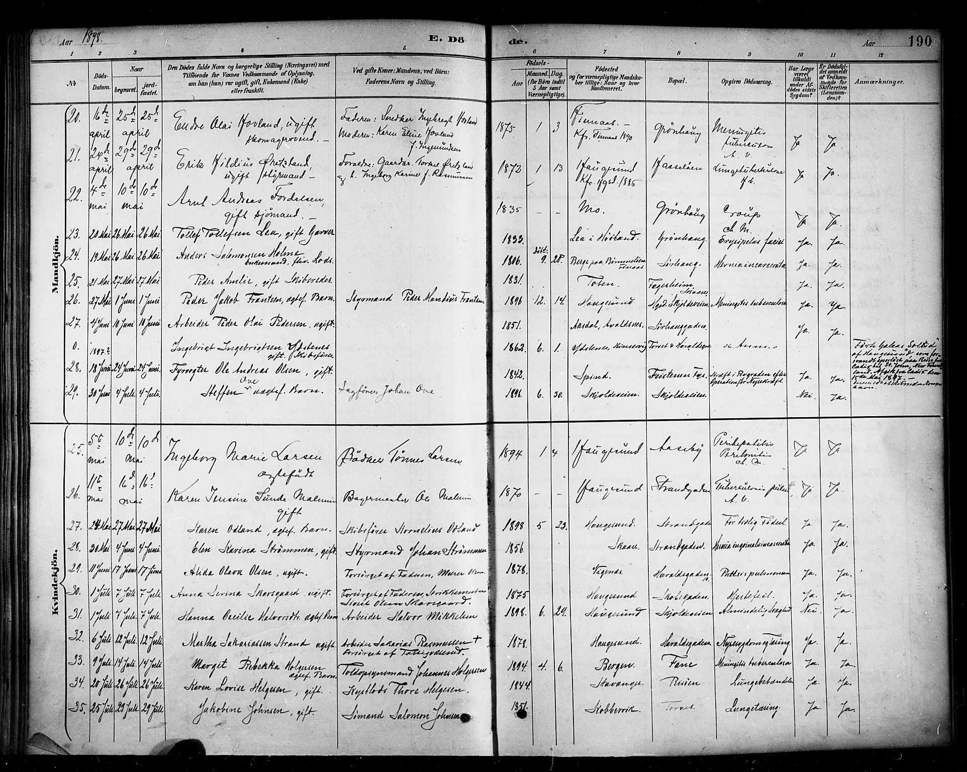 Haugesund sokneprestkontor, AV/SAST-A -101863/H/Ha/Haa/L0005: Ministerialbok nr. A 5, 1891-1903, s. 190