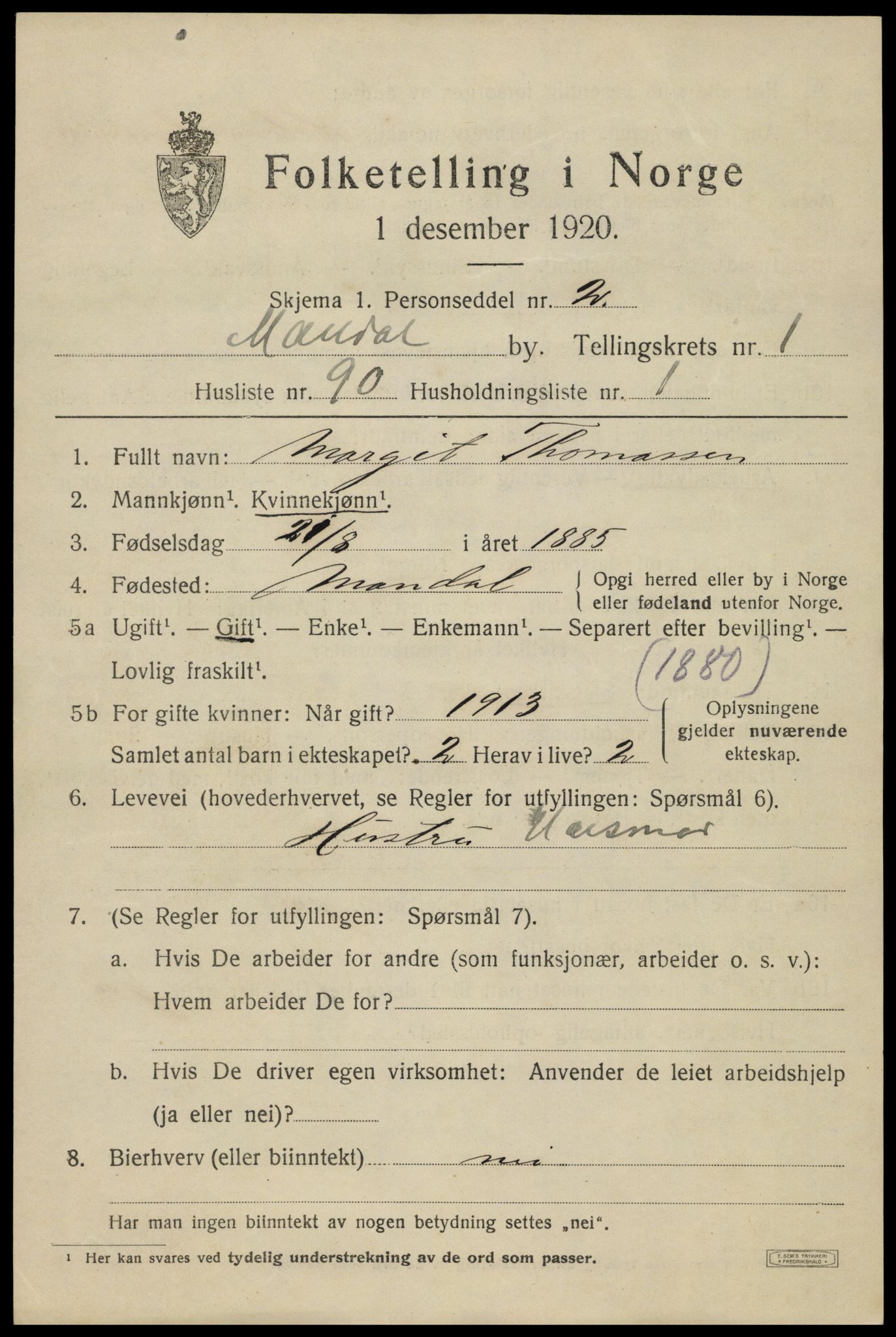 SAK, Folketelling 1920 for 1002 Mandal ladested, 1920, s. 4173