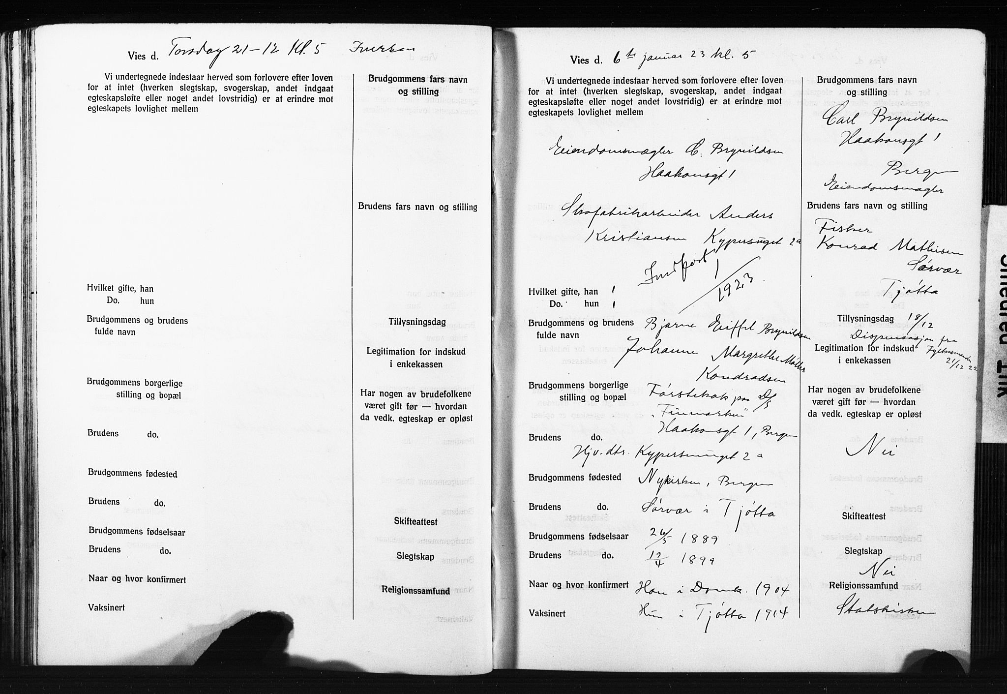 Domkirken sokneprestembete, SAB/A-74801: Forlovererklæringer nr. II.5.14, 1922-1927, s. 33