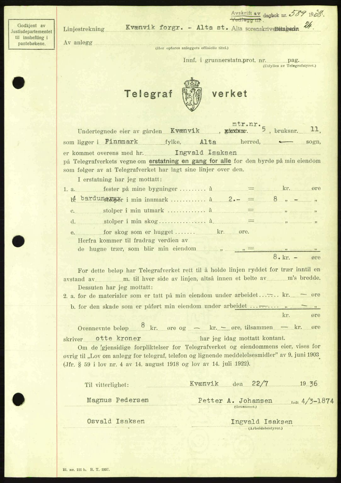 Alta fogderi/sorenskriveri, SATØ/SATØ-5/1/K/Kd/L0031pantebok: Pantebok nr. 31, 1938-1939, Dagboknr: 589/1938