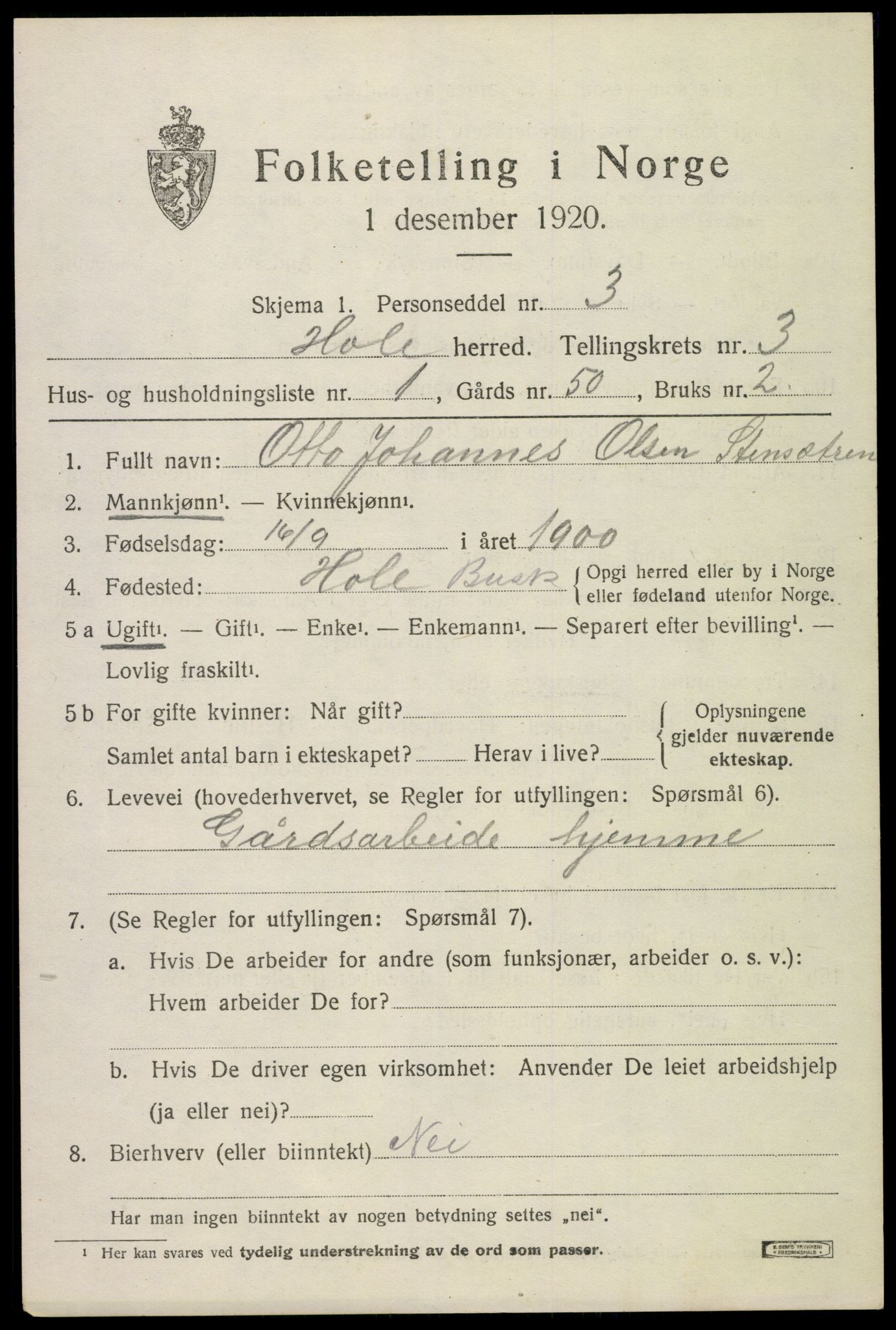 SAKO, Folketelling 1920 for 0612 Hole herred, 1920, s. 2729