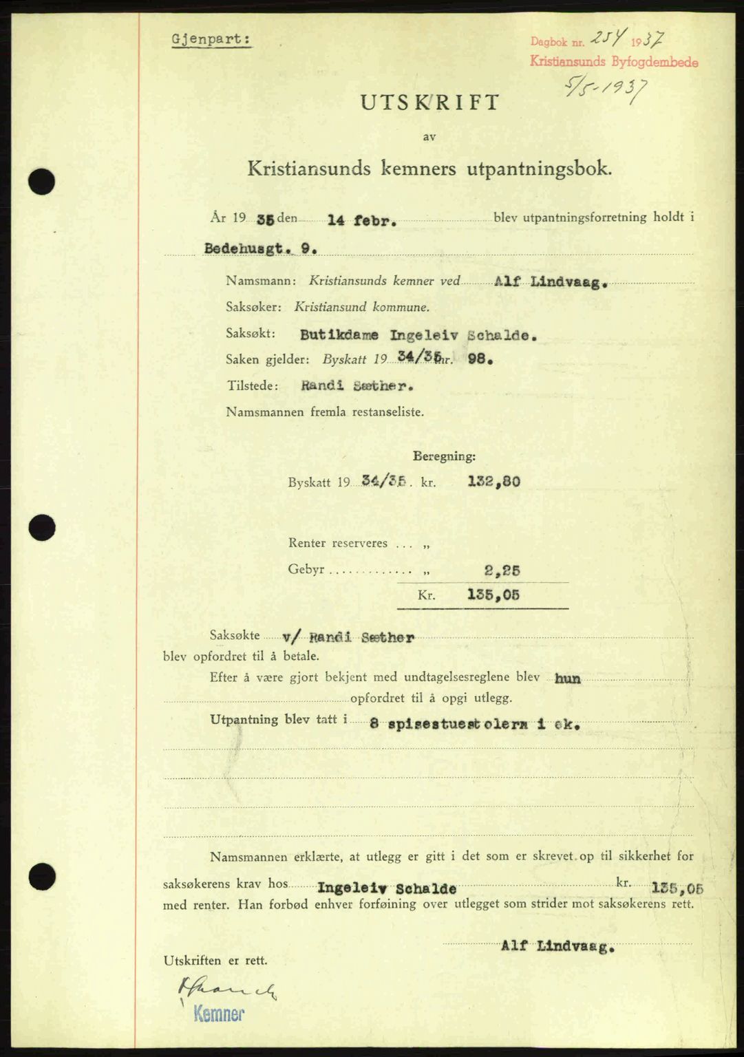 Kristiansund byfogd, SAT/A-4587/A/27: Pantebok nr. 29, 1936-1937, Dagboknr: 254/1937