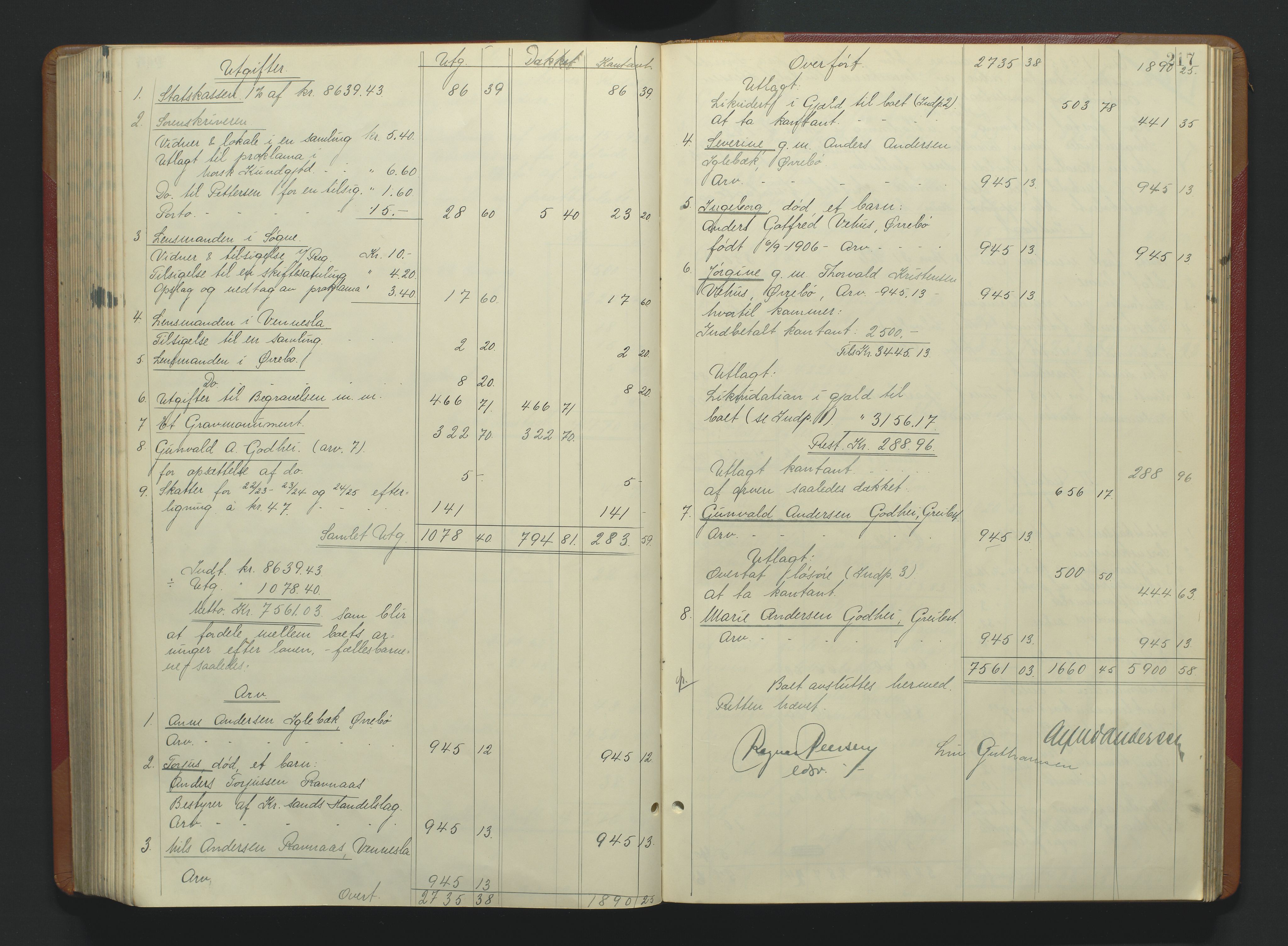 Torridal sorenskriveri, AV/SAK-1221-0012/H/Hc/L0037: Skifteutlodningsprotokoll med navneregister nr. 6, 1918-1927, s. 217