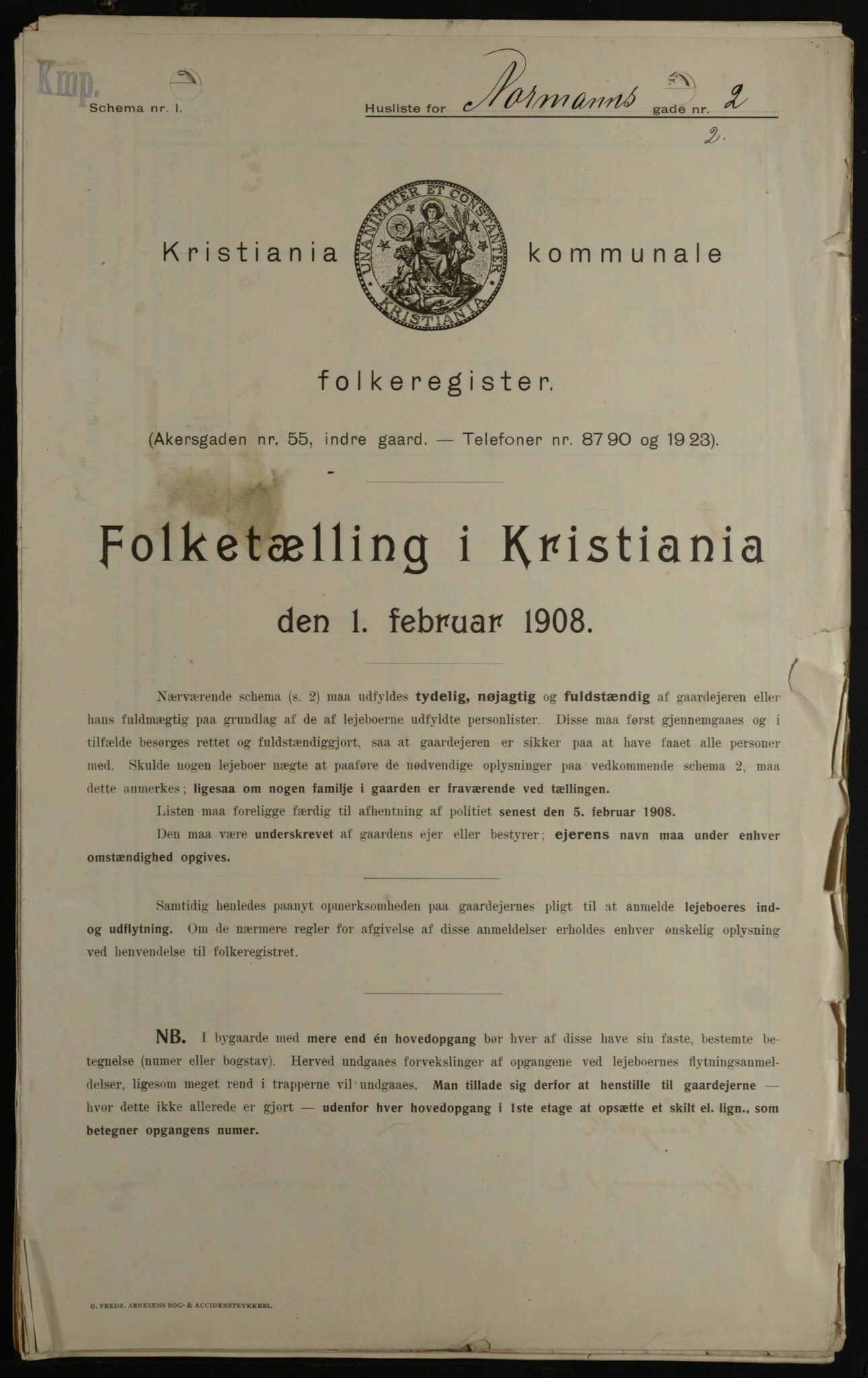 OBA, Kommunal folketelling 1.2.1908 for Kristiania kjøpstad, 1908, s. 66001