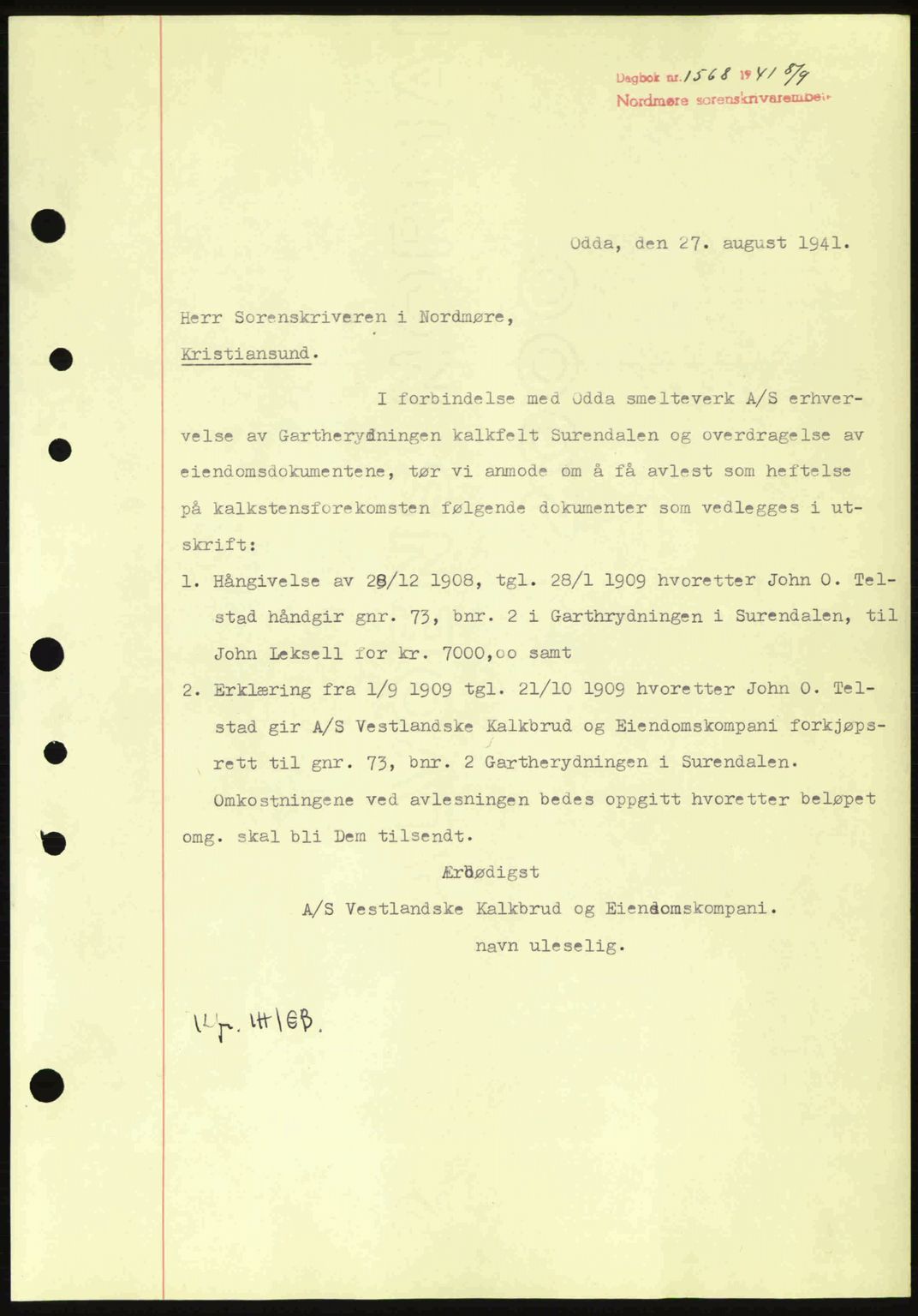 Nordmøre sorenskriveri, SAT/A-4132/1/2/2Ca: Pantebok nr. B88, 1941-1942, Dagboknr: 1568/1941