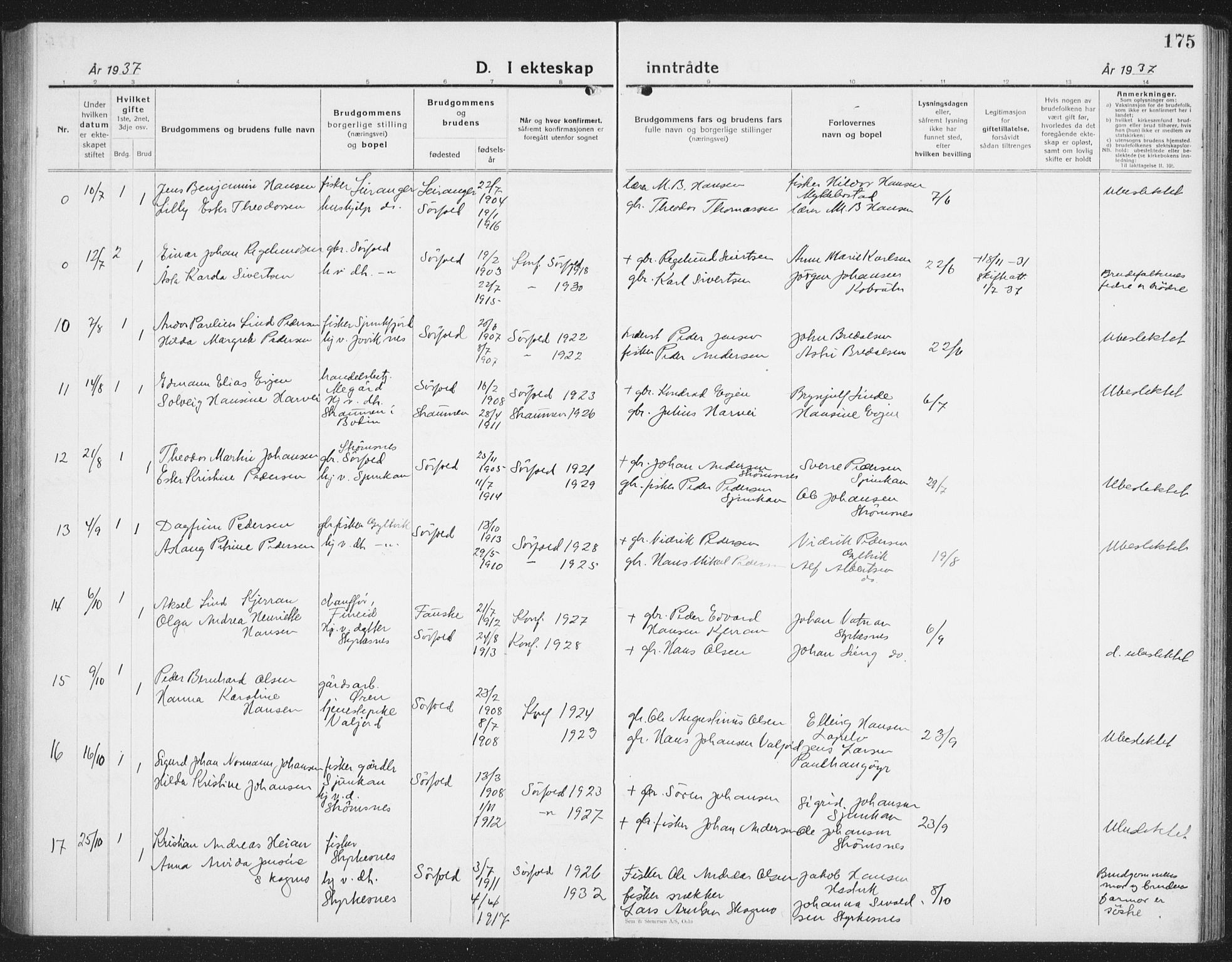 Ministerialprotokoller, klokkerbøker og fødselsregistre - Nordland, AV/SAT-A-1459/854/L0788: Klokkerbok nr. 854C04, 1926-1940, s. 175