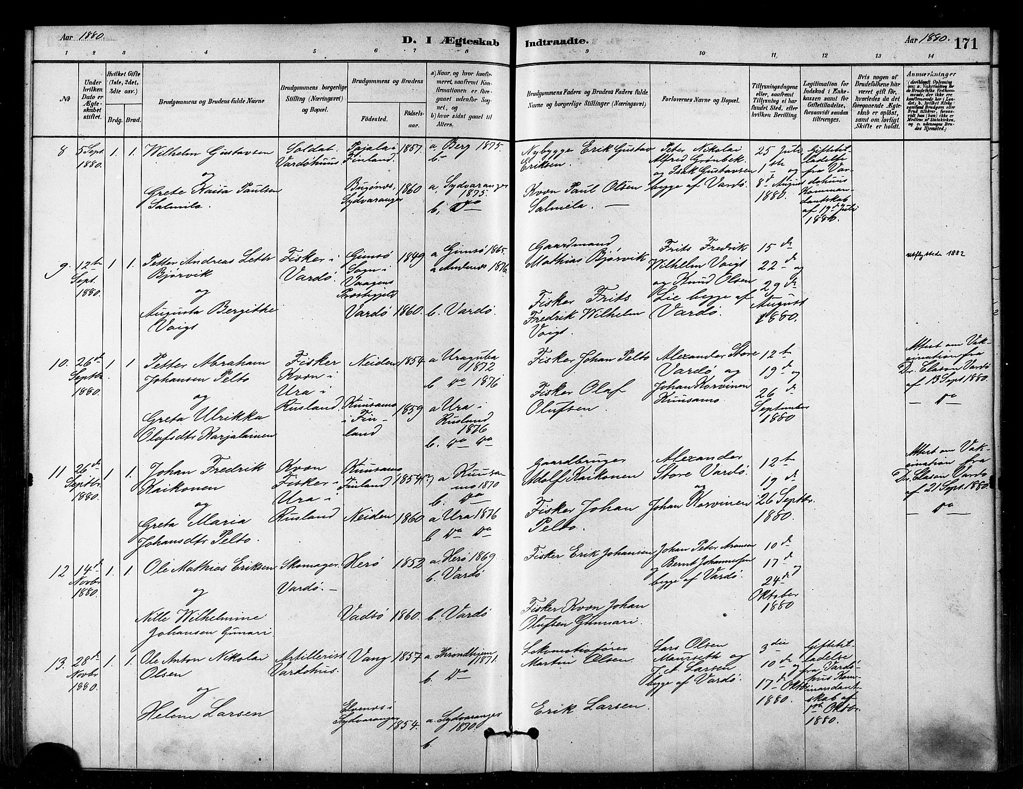 Vardø sokneprestkontor, AV/SATØ-S-1332/H/Ha/L0006kirke: Ministerialbok nr. 6, 1879-1886, s. 171