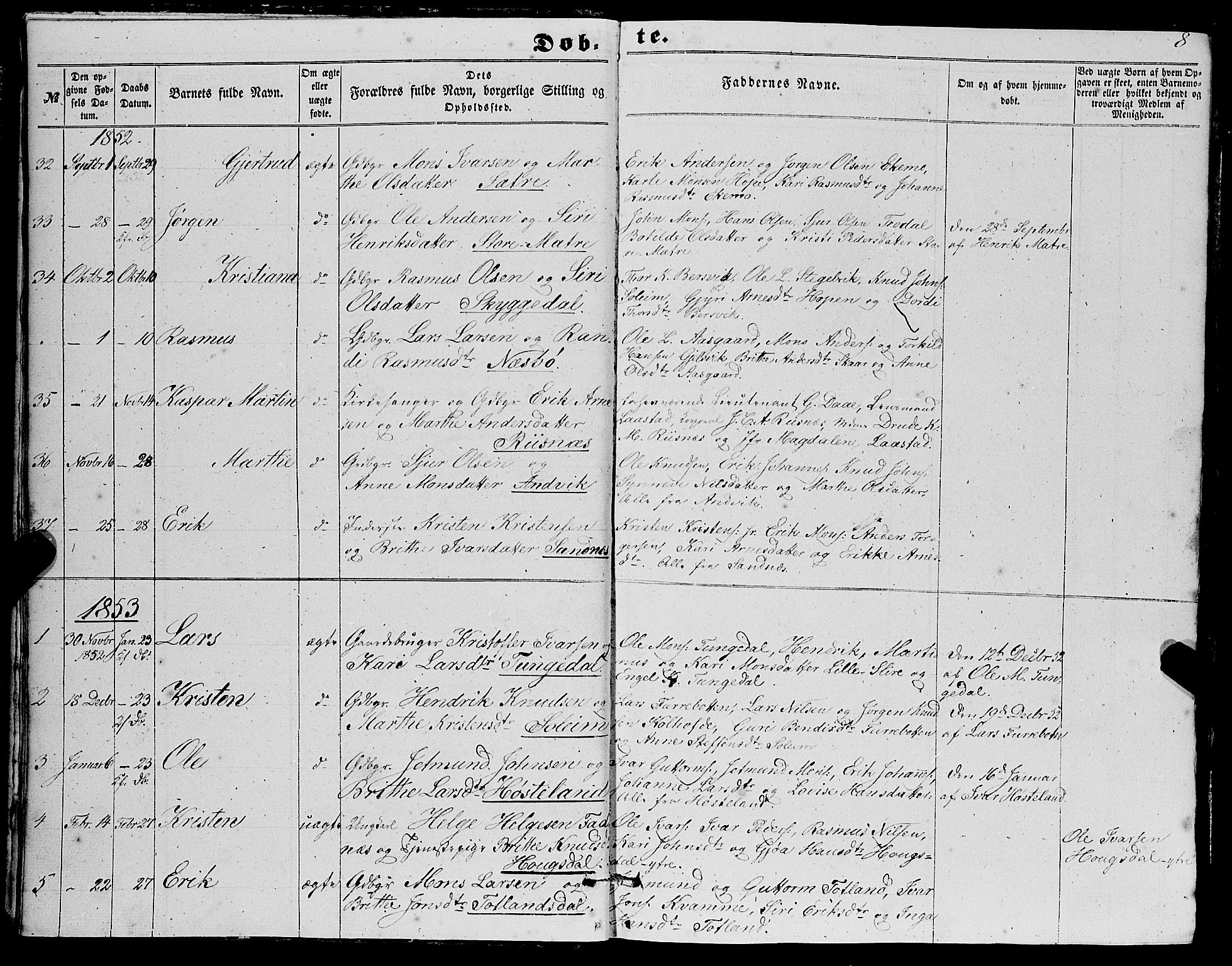 Masfjorden sokneprestembete, AV/SAB-A-77001: Klokkerbok nr. A 1, 1851-1875, s. 8