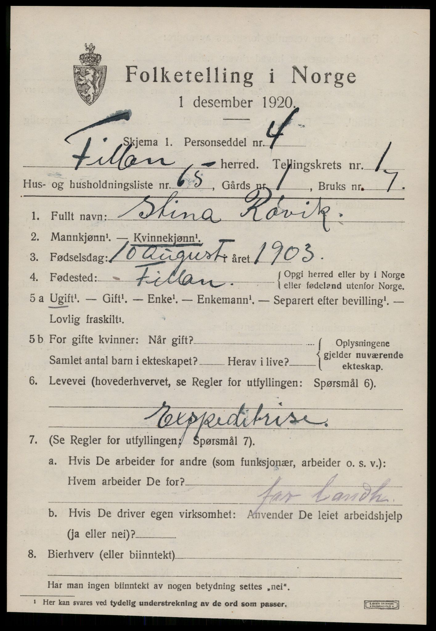 SAT, Folketelling 1920 for 1616 Fillan herred, 1920, s. 1312