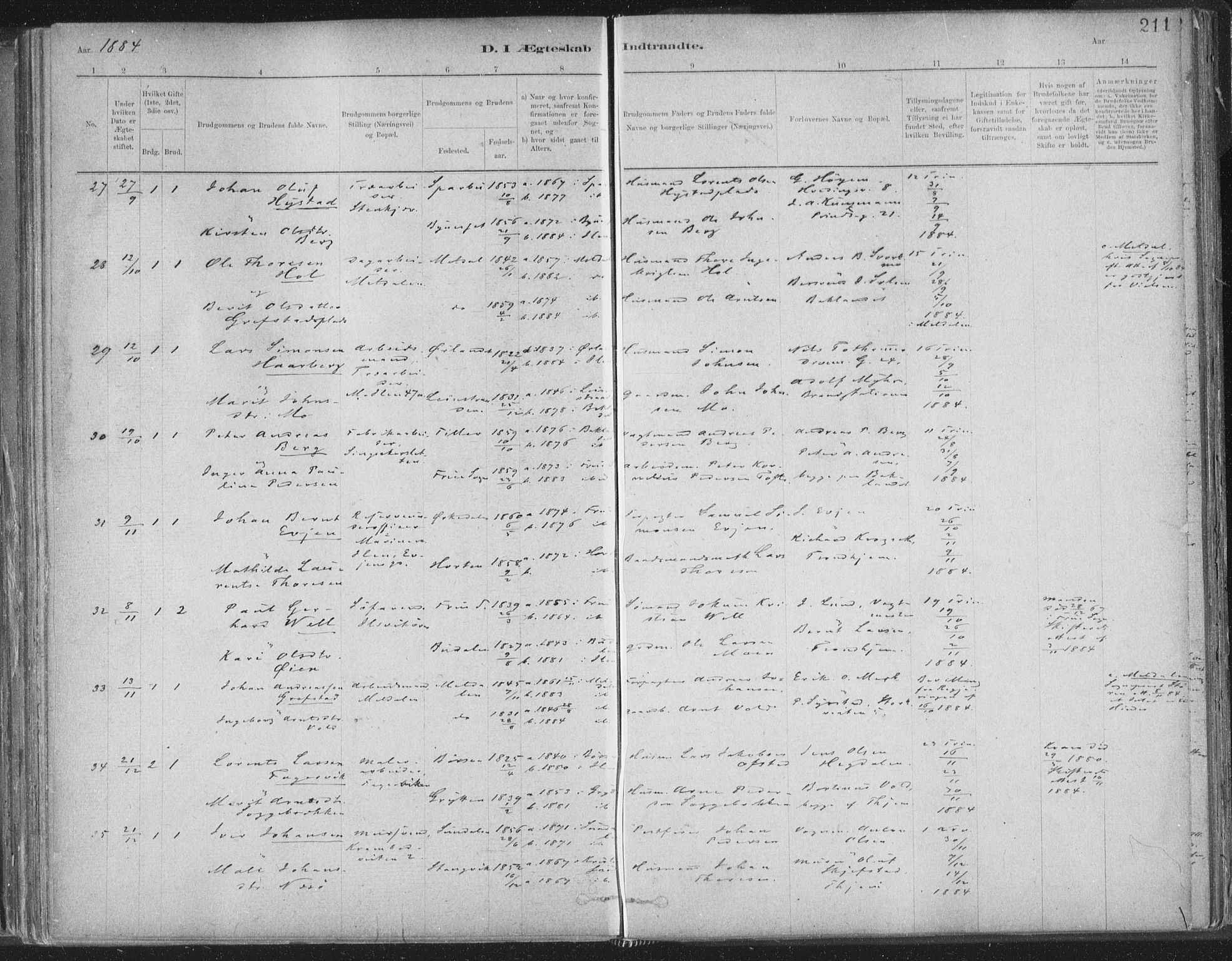 Ministerialprotokoller, klokkerbøker og fødselsregistre - Sør-Trøndelag, AV/SAT-A-1456/603/L0162: Ministerialbok nr. 603A01, 1879-1895, s. 211