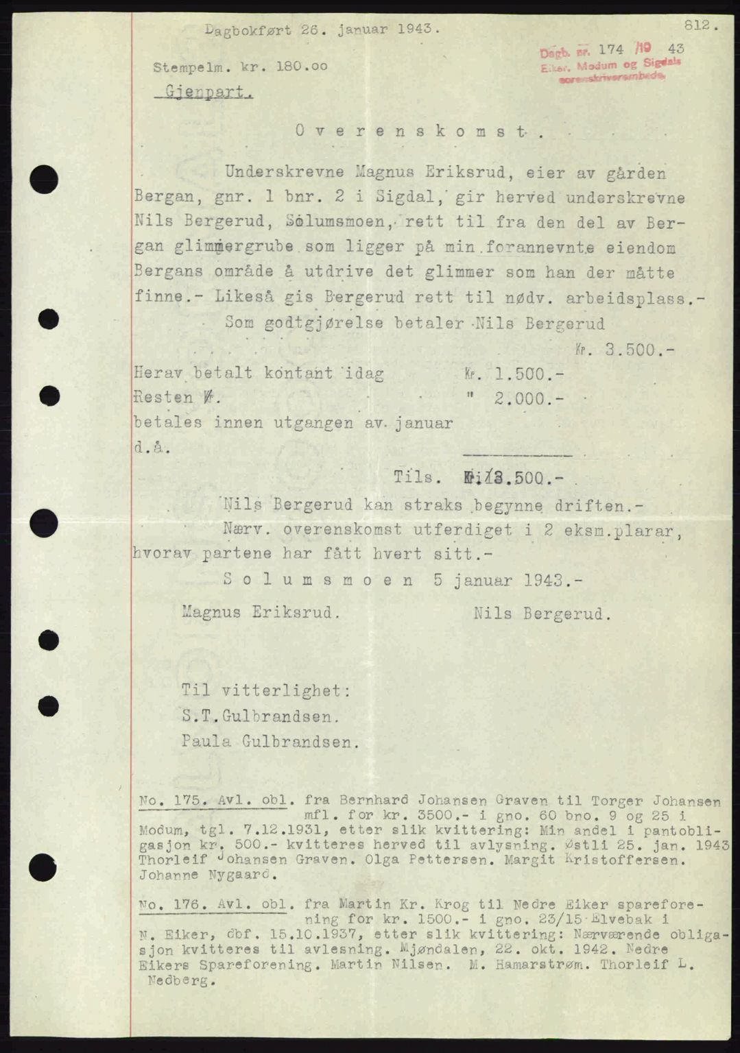 Eiker, Modum og Sigdal sorenskriveri, SAKO/A-123/G/Ga/Gab/L0047: Pantebok nr. A17, 1942-1943, Dagboknr: 174/1943