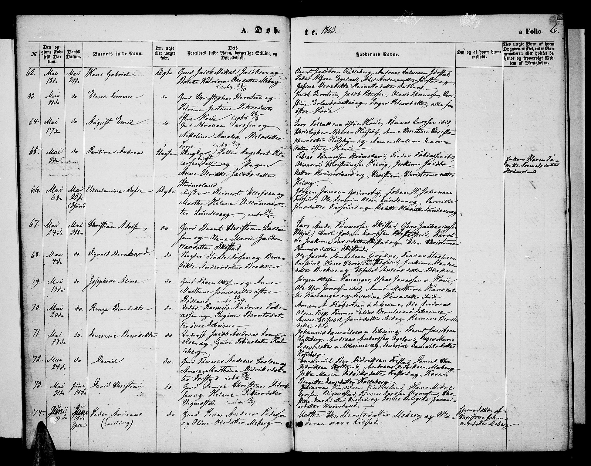 Lista sokneprestkontor, AV/SAK-1111-0027/F/Fb/L0003: Klokkerbok nr. B 3, 1862-1877, s. 6