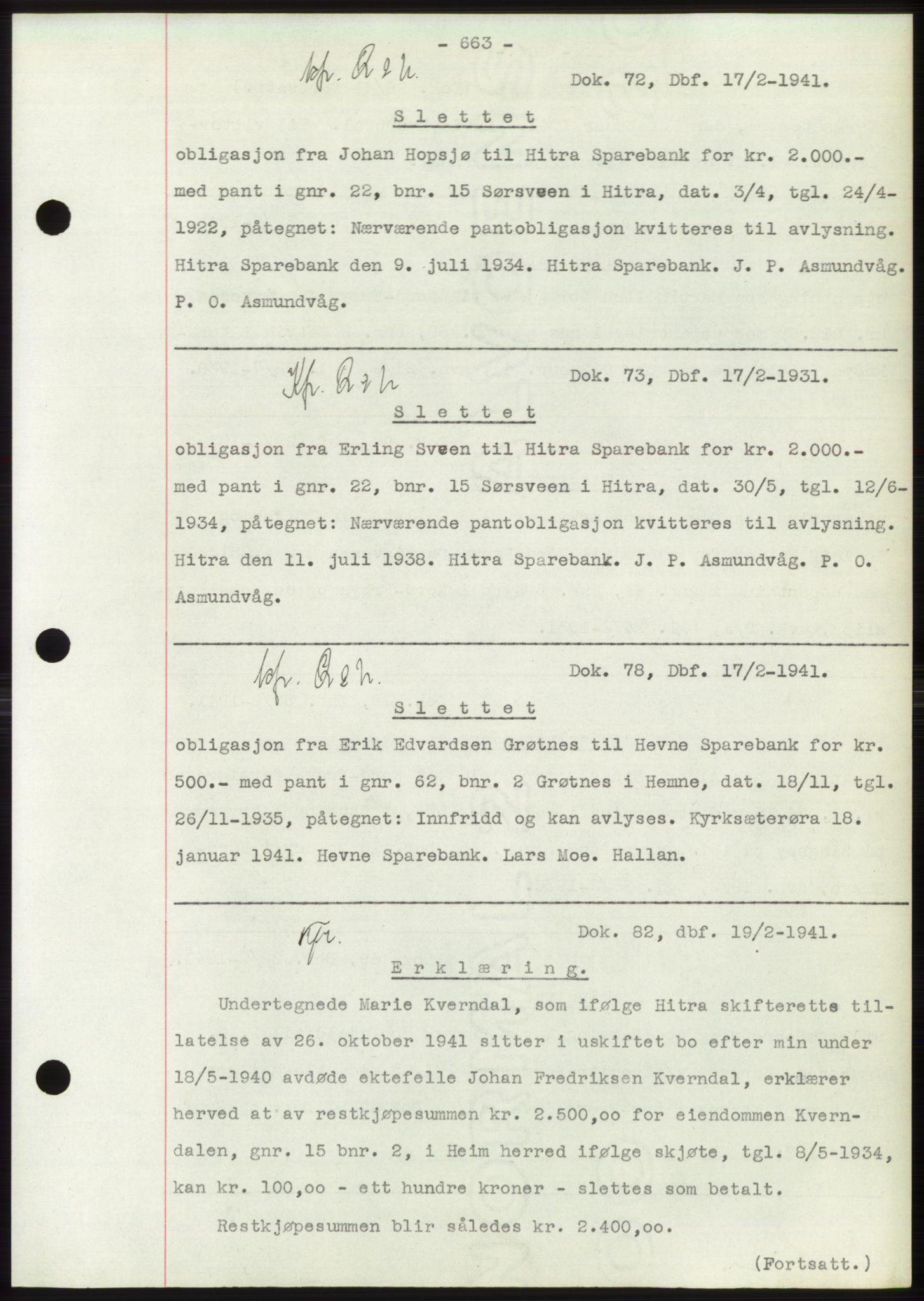 Hitra sorenskriveri, AV/SAT-A-0018/2/2C/2Ca: Pantebok nr. C1, 1936-1945, Dagboknr: 72/1941