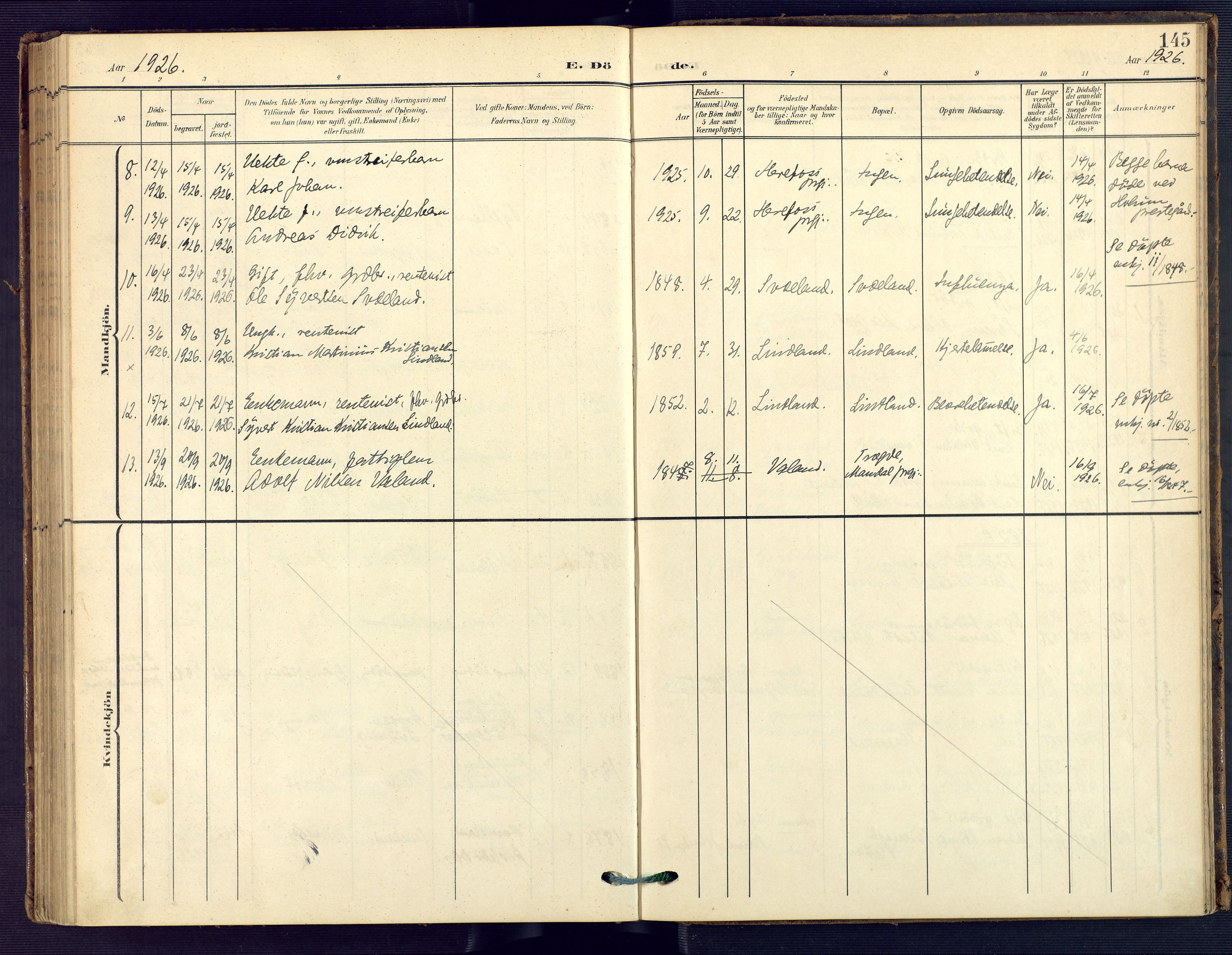 Holum sokneprestkontor, SAK/1111-0022/F/Fa/Faa/L0008: Ministerialbok nr. A 8, 1908-1929, s. 145
