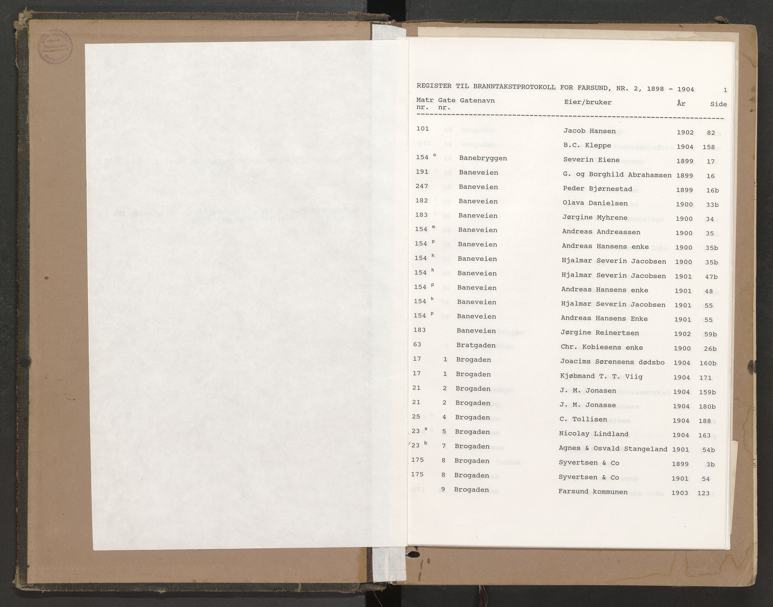 Norges Brannkasse Farsund, AV/SAK-2241-0011/F/Fa/L0001: Branntakstprotokoll nr. 2 med gatenavnsregister og gårdsnavnregister, 1898-1904