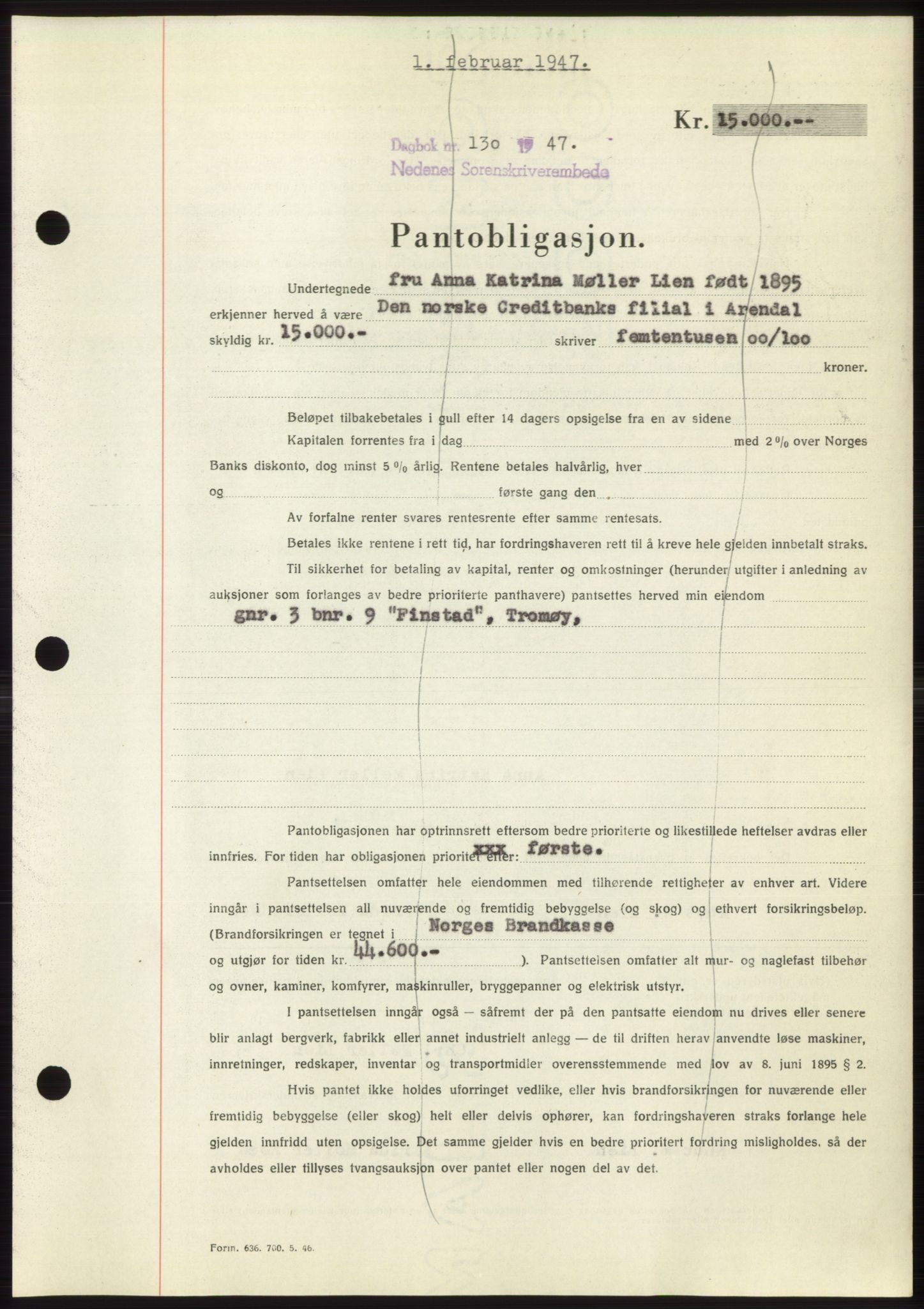 Nedenes sorenskriveri, SAK/1221-0006/G/Gb/Gbb/L0004: Pantebok nr. B4, 1947-1947, Dagboknr: 130/1947