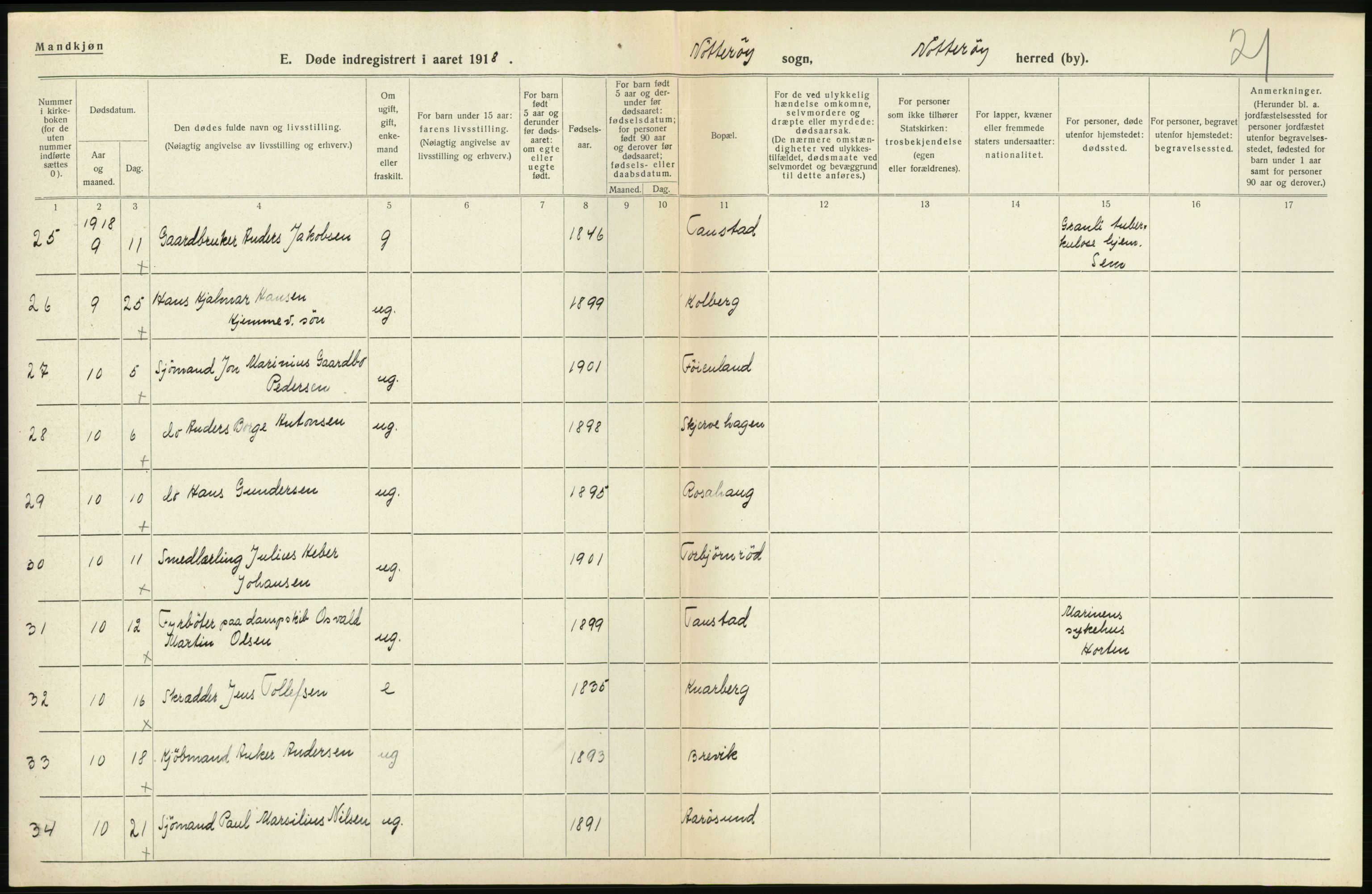 Statistisk sentralbyrå, Sosiodemografiske emner, Befolkning, AV/RA-S-2228/D/Df/Dfb/Dfbh/L0023: Vestfold fylke: Døde. Bygder og byer., 1918, s. 162