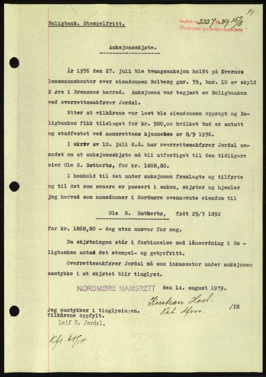 Nordmøre sorenskriveri, SAT/A-4132/1/2/2Ca: Pantebok nr. A87, 1939-1940, Dagboknr: 2327/1939