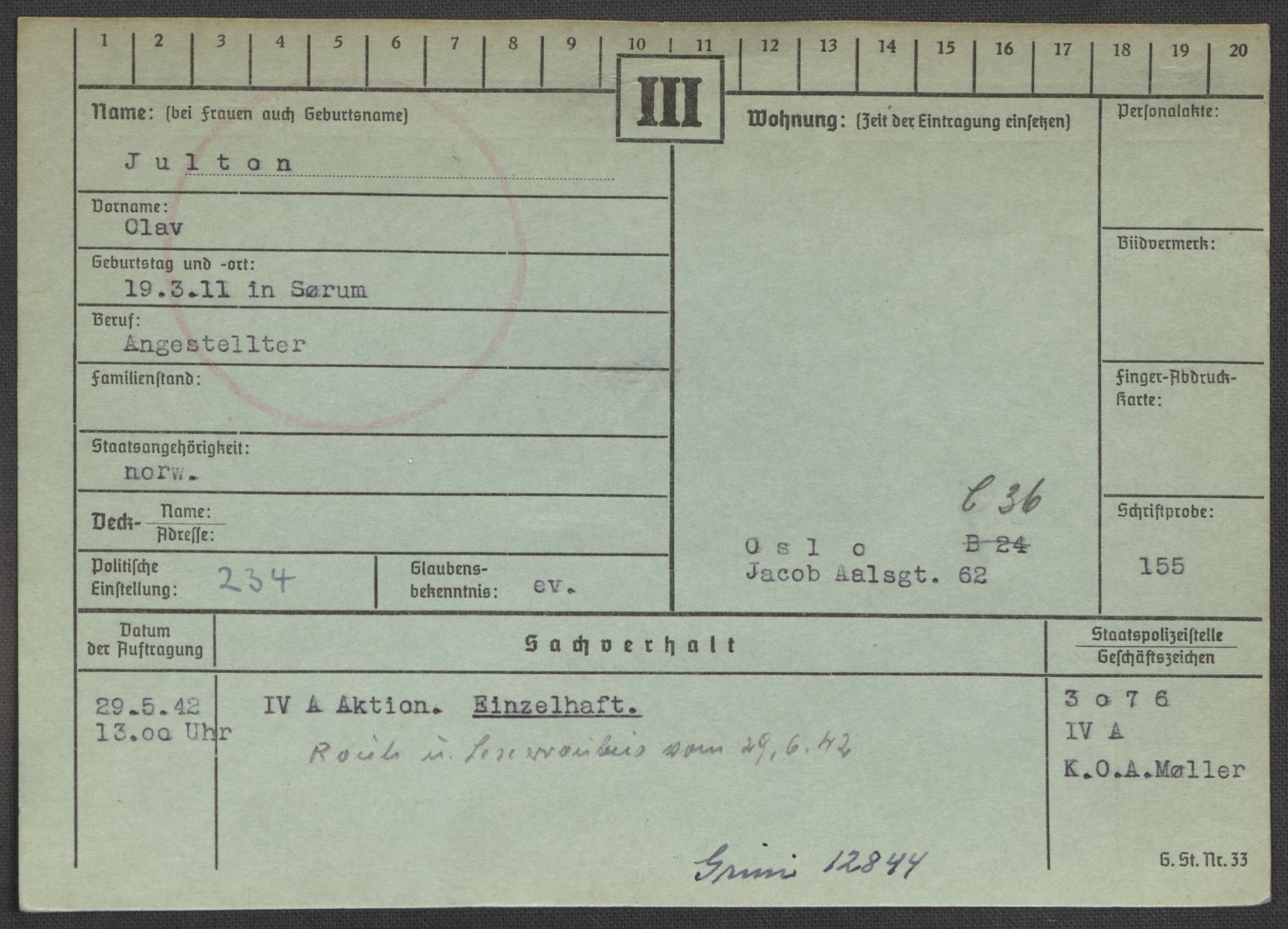 Befehlshaber der Sicherheitspolizei und des SD, AV/RA-RAFA-5969/E/Ea/Eaa/L0005: Register over norske fanger i Møllergata 19: Hø-Kj, 1940-1945, s. 1061