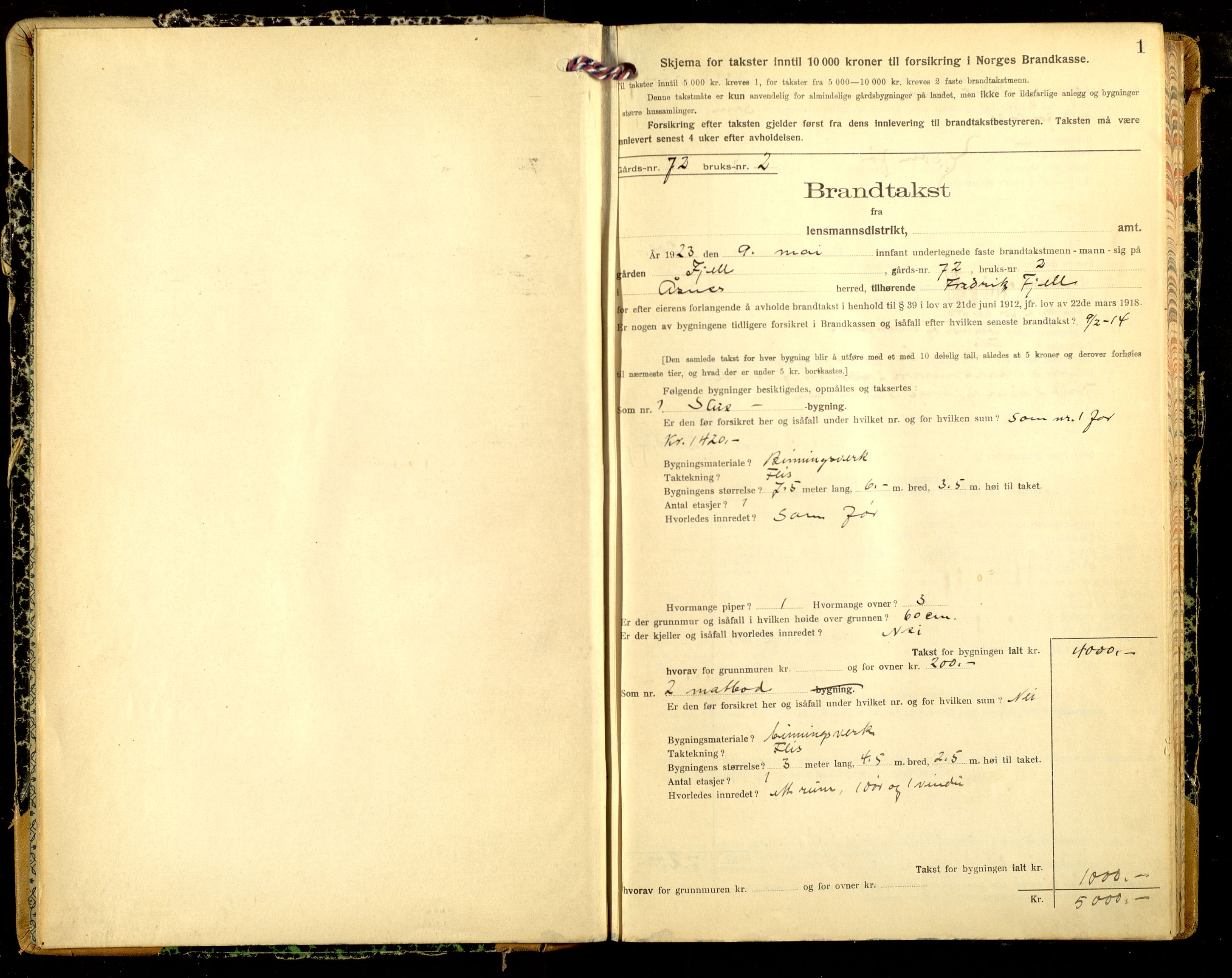 Norges Brannkasse, Åsnes, AV/SAH-NBRANÅ-018/F/L0020: Branntakstprotokoll, 1923-1929