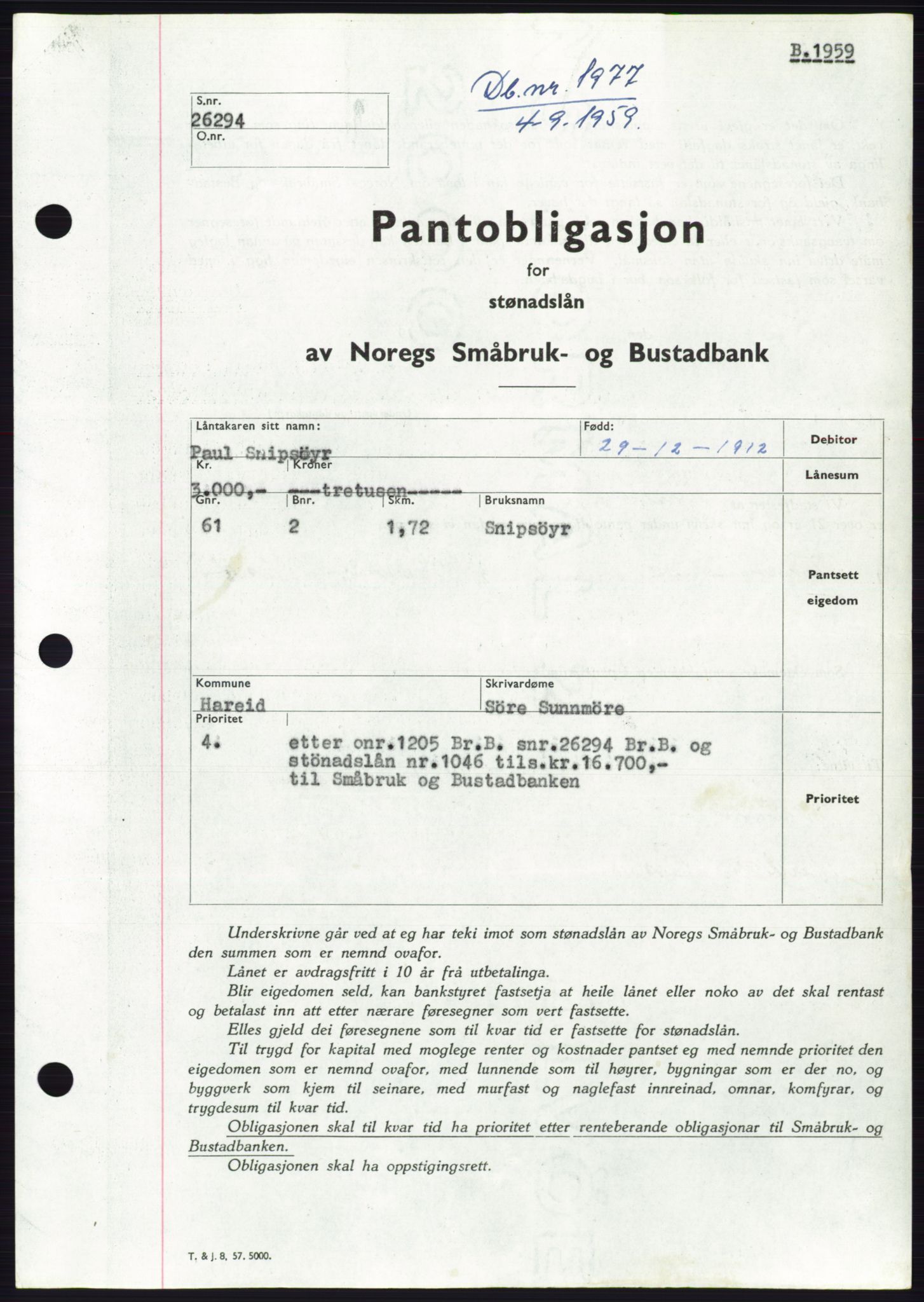 Søre Sunnmøre sorenskriveri, SAT/A-4122/1/2/2C/L0133: Pantebok nr. 21B, 1959-1959, Dagboknr: 1977/1959