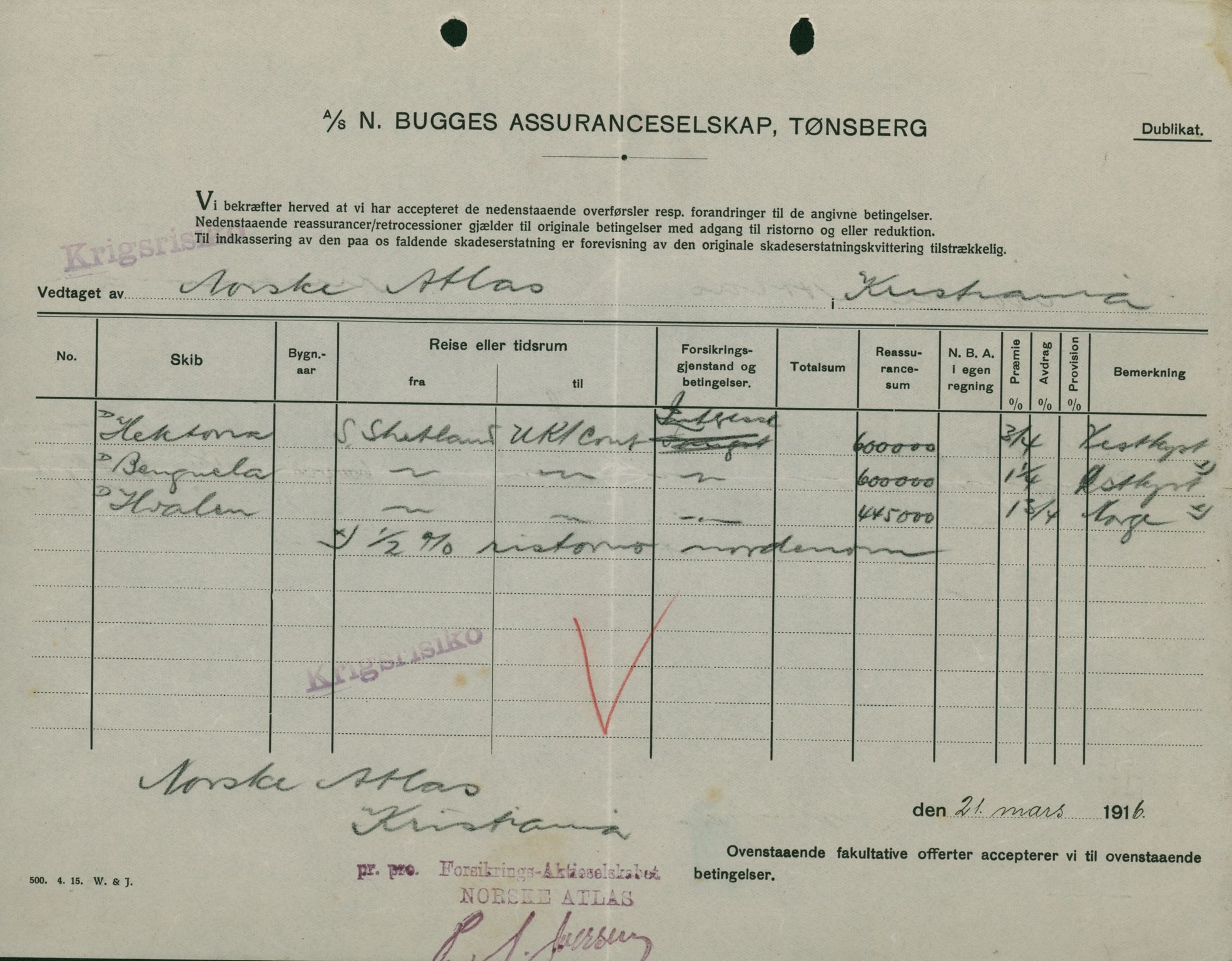 Pa 664 - Tønsberg Sjøforsikringsselskap, VEMU/A-1773/F/L0001: Forsikringspoliser, 1915-1918