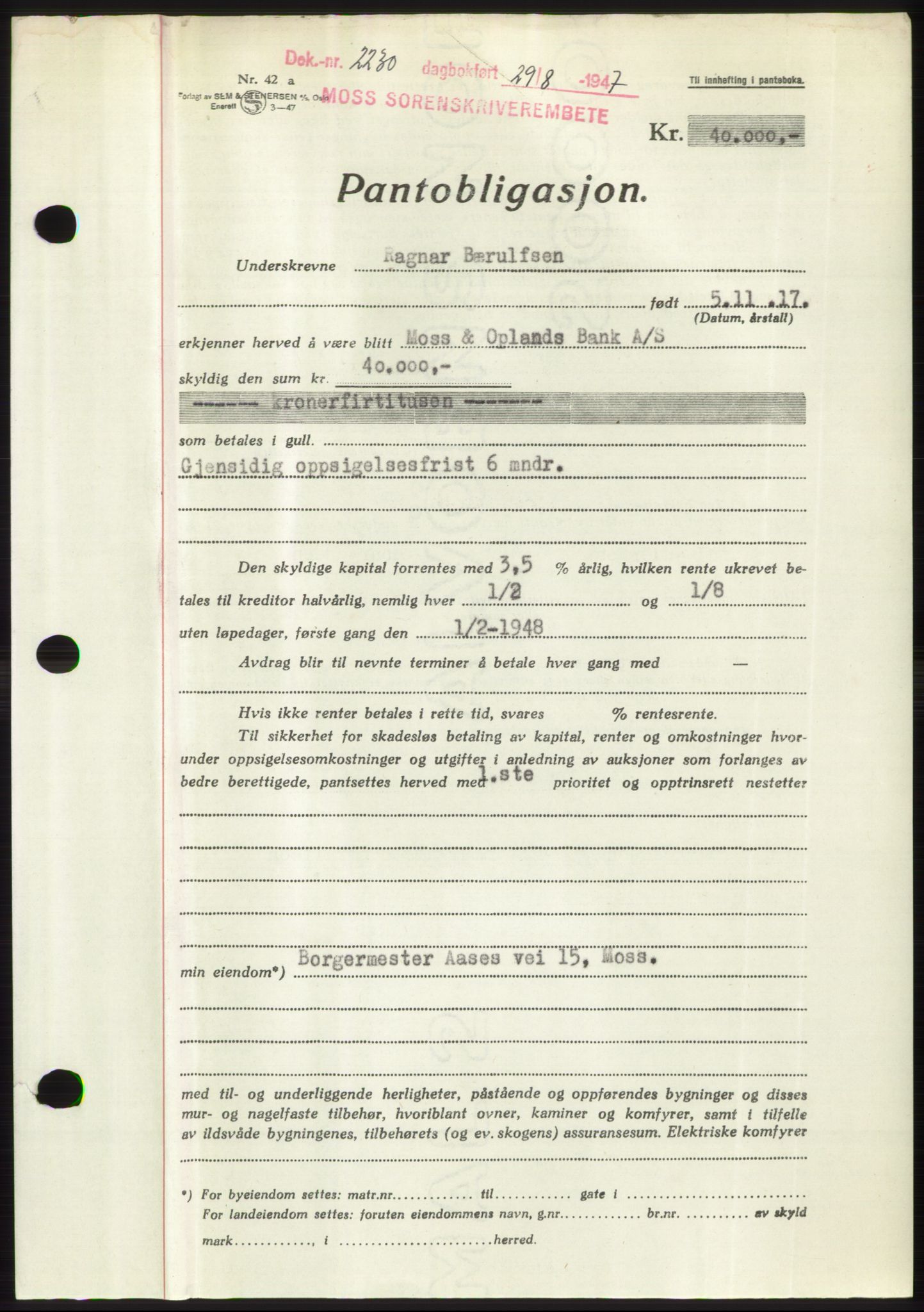 Moss sorenskriveri, SAO/A-10168: Pantebok nr. B17, 1947-1947, Dagboknr: 2230/1947