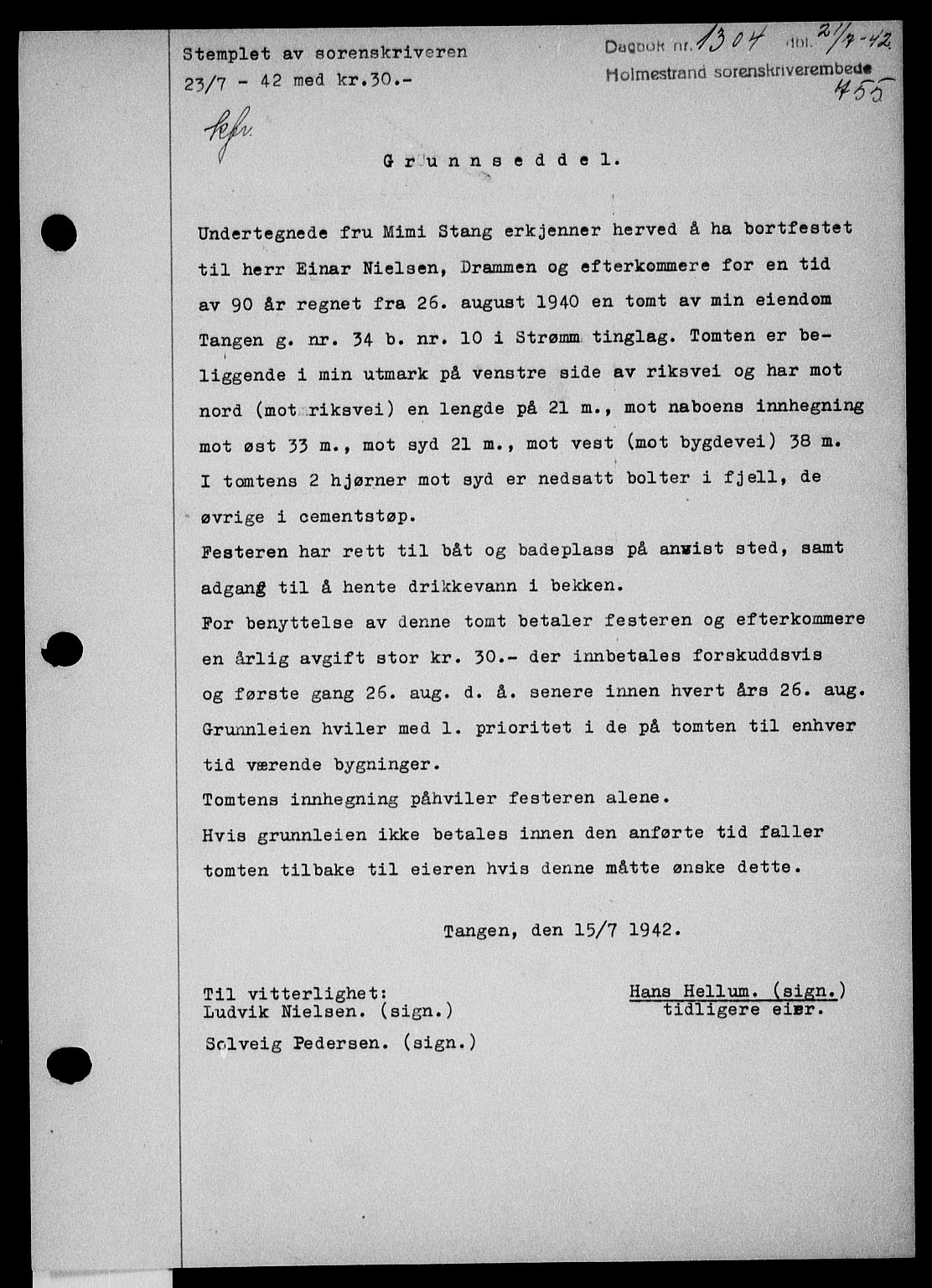 Holmestrand sorenskriveri, SAKO/A-67/G/Ga/Gaa/L0055: Pantebok nr. A-55, 1942-1942, Dagboknr: 1304/1942