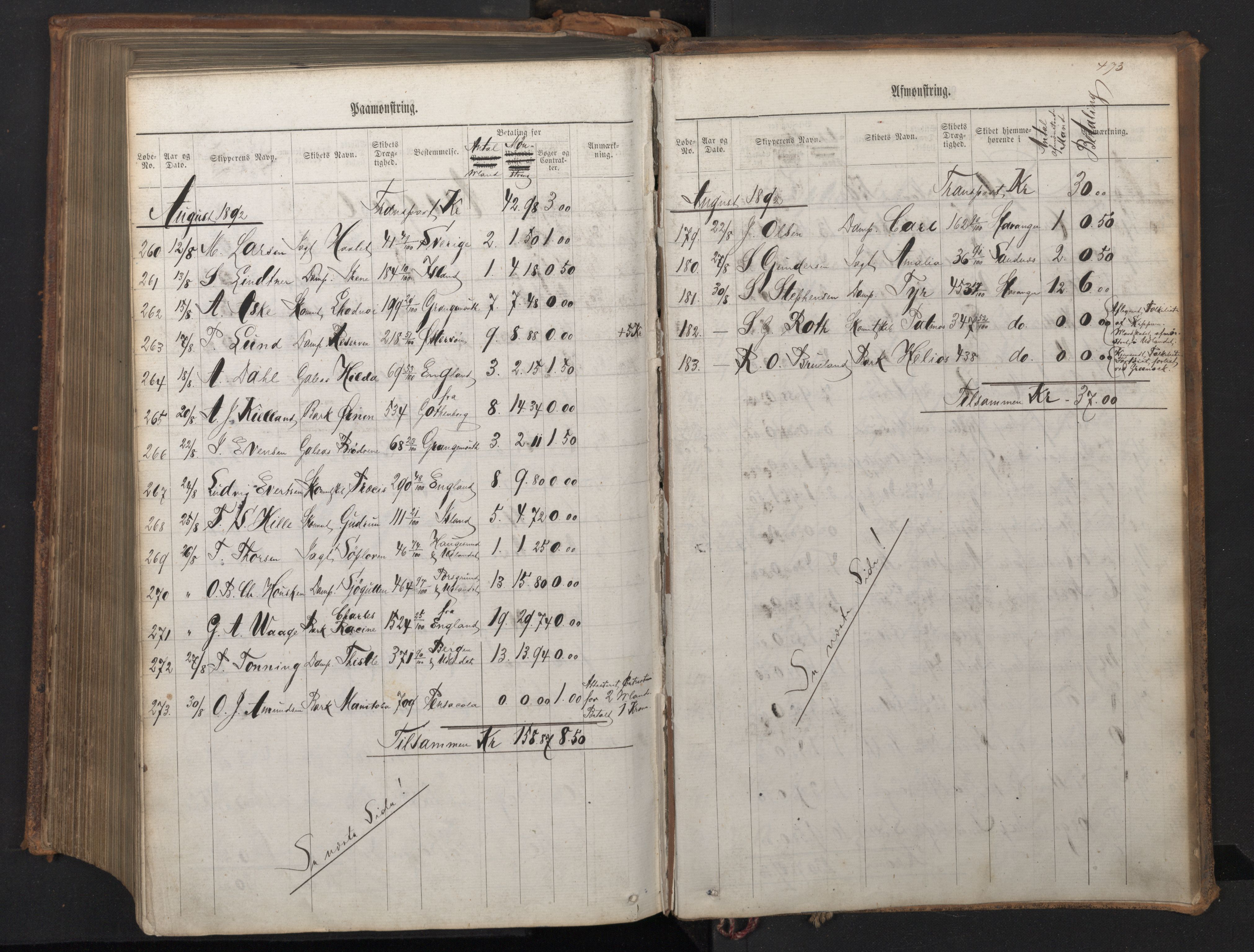 Stavanger sjømannskontor, AV/SAST-A-102006/G/Ga/L0003: Mønstringsjournal, 1876-1892, s. 474