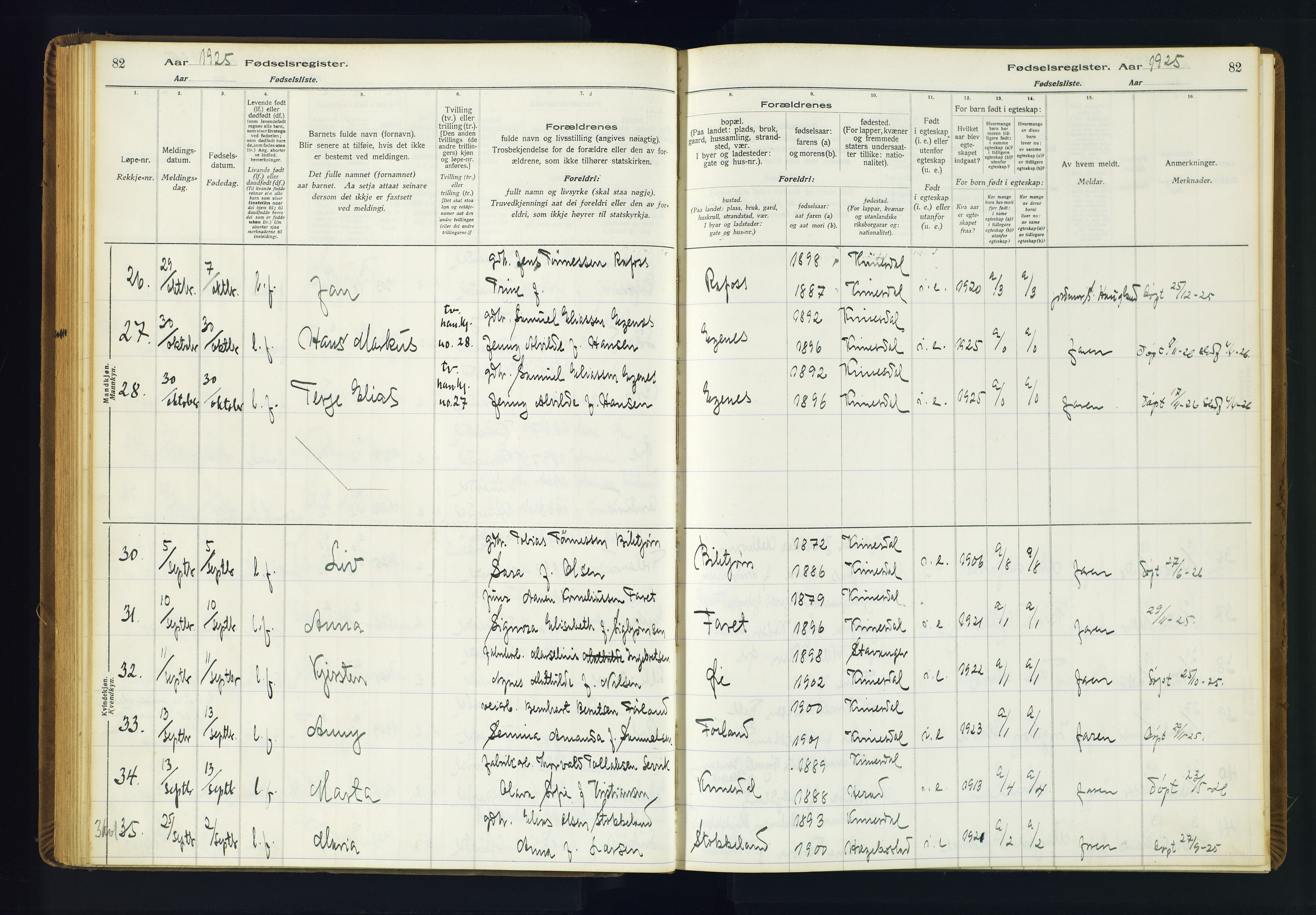 Kvinesdal sokneprestkontor, AV/SAK-1111-0026/J/Ja/L0001: Fødselsregister nr. 1, 1916-1941, s. 82