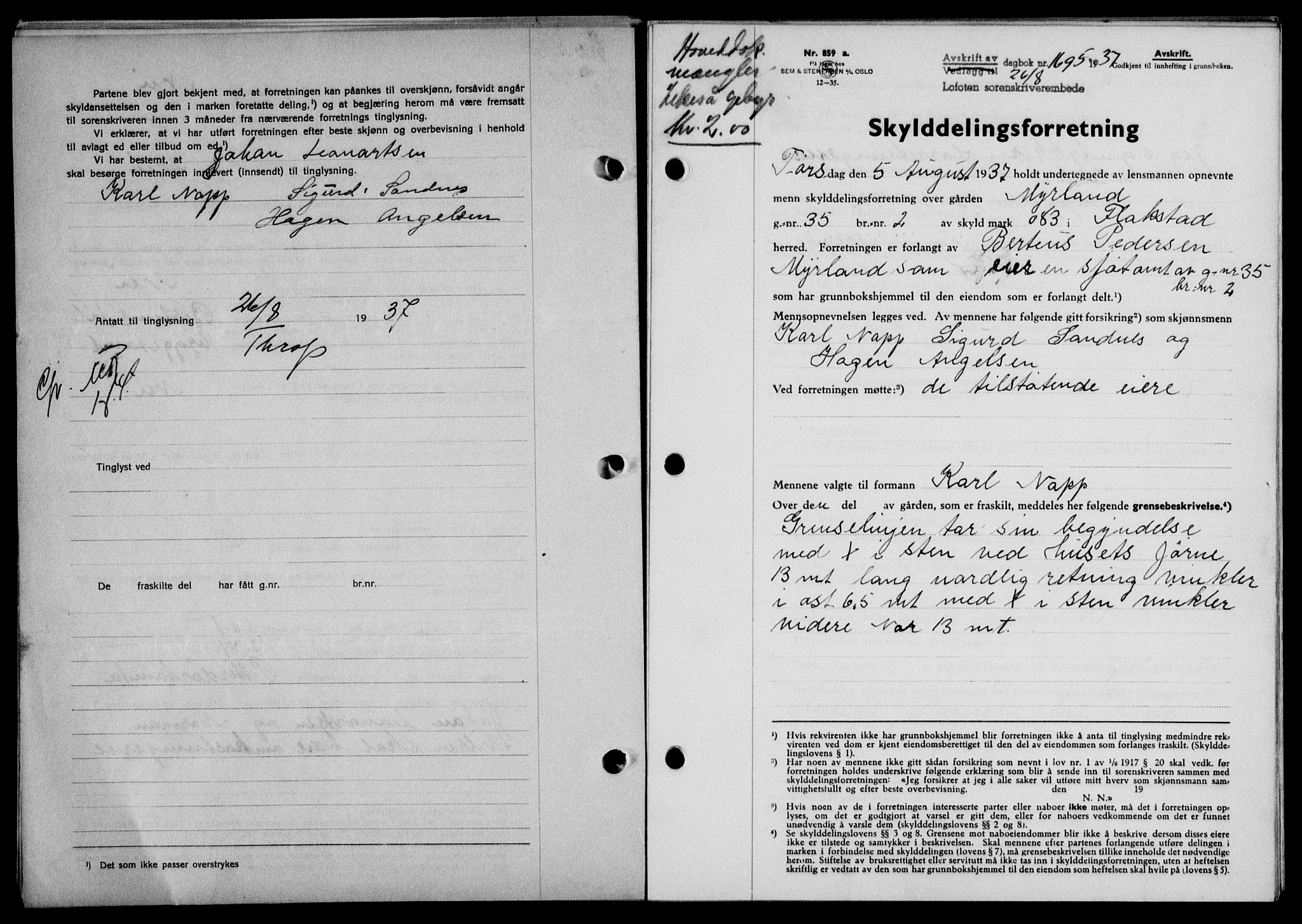 Lofoten sorenskriveri, SAT/A-0017/1/2/2C/L0002a: Pantebok nr. 2a, 1937-1937, Dagboknr: 1695/1937