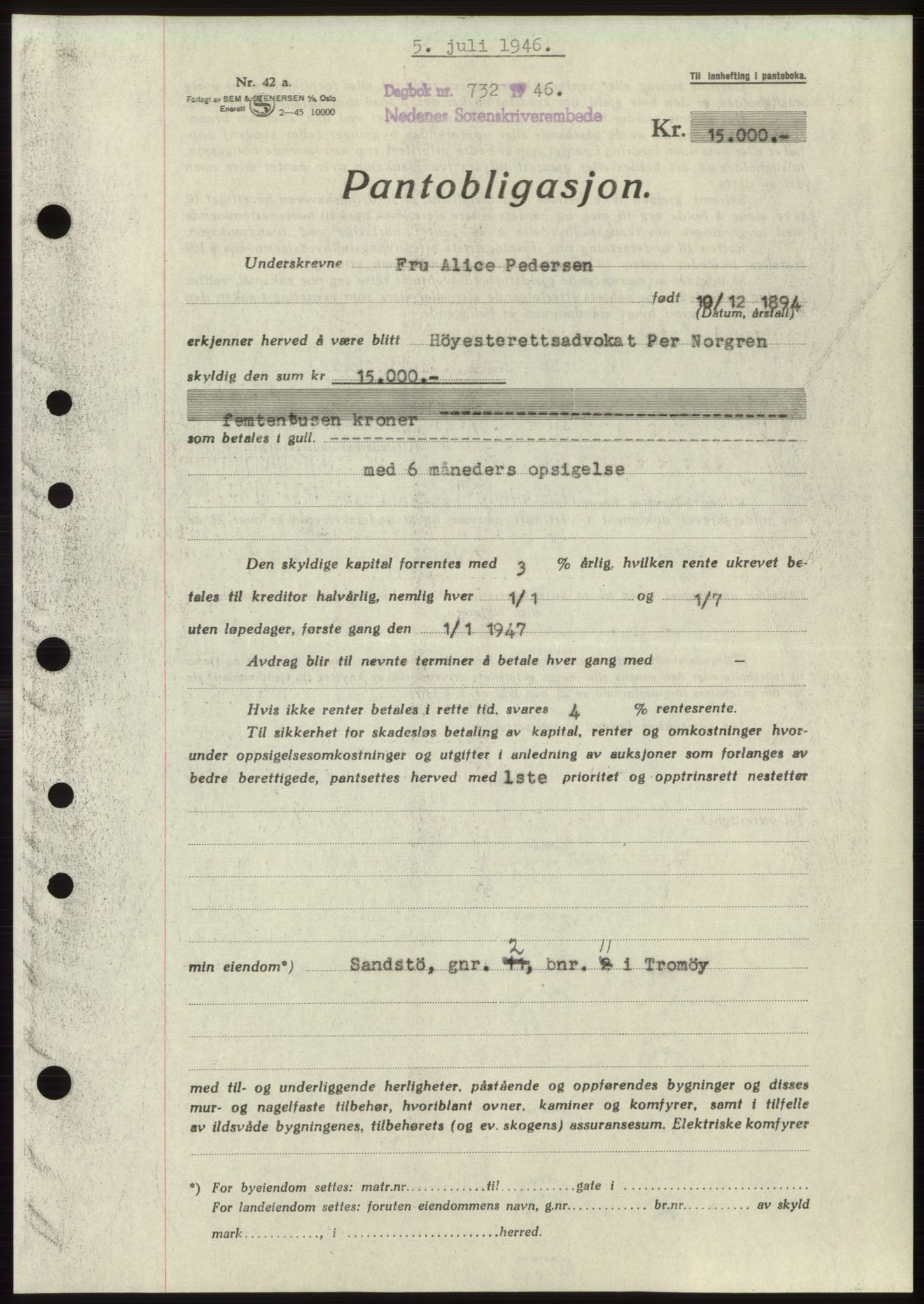 Nedenes sorenskriveri, SAK/1221-0006/G/Gb/Gbb/L0003: Pantebok nr. B3b, 1946-1946, Dagboknr: 732/1946