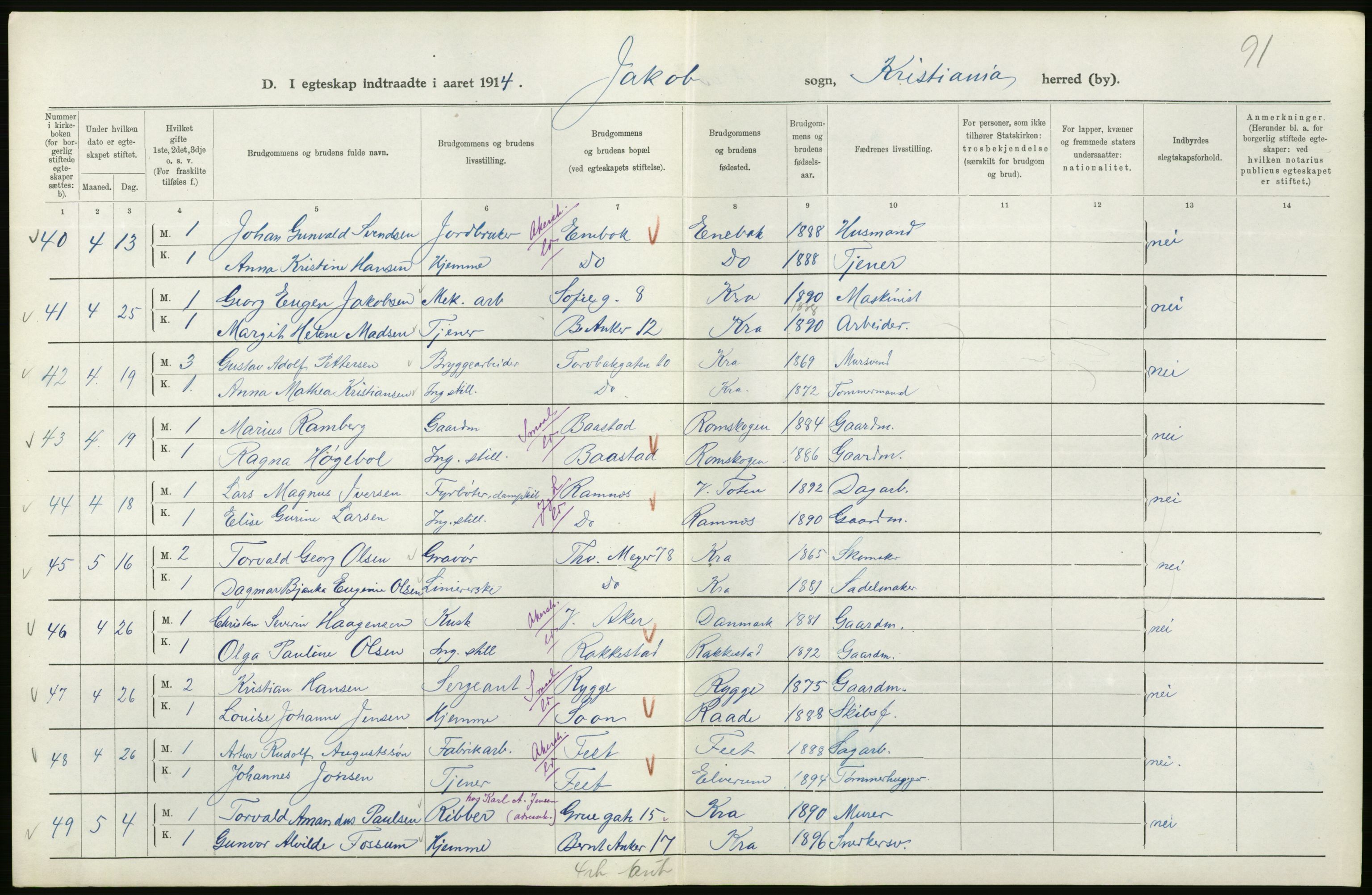 Statistisk sentralbyrå, Sosiodemografiske emner, Befolkning, AV/RA-S-2228/D/Df/Dfb/Dfbd/L0007: Kristiania: Gifte, 1914, s. 26