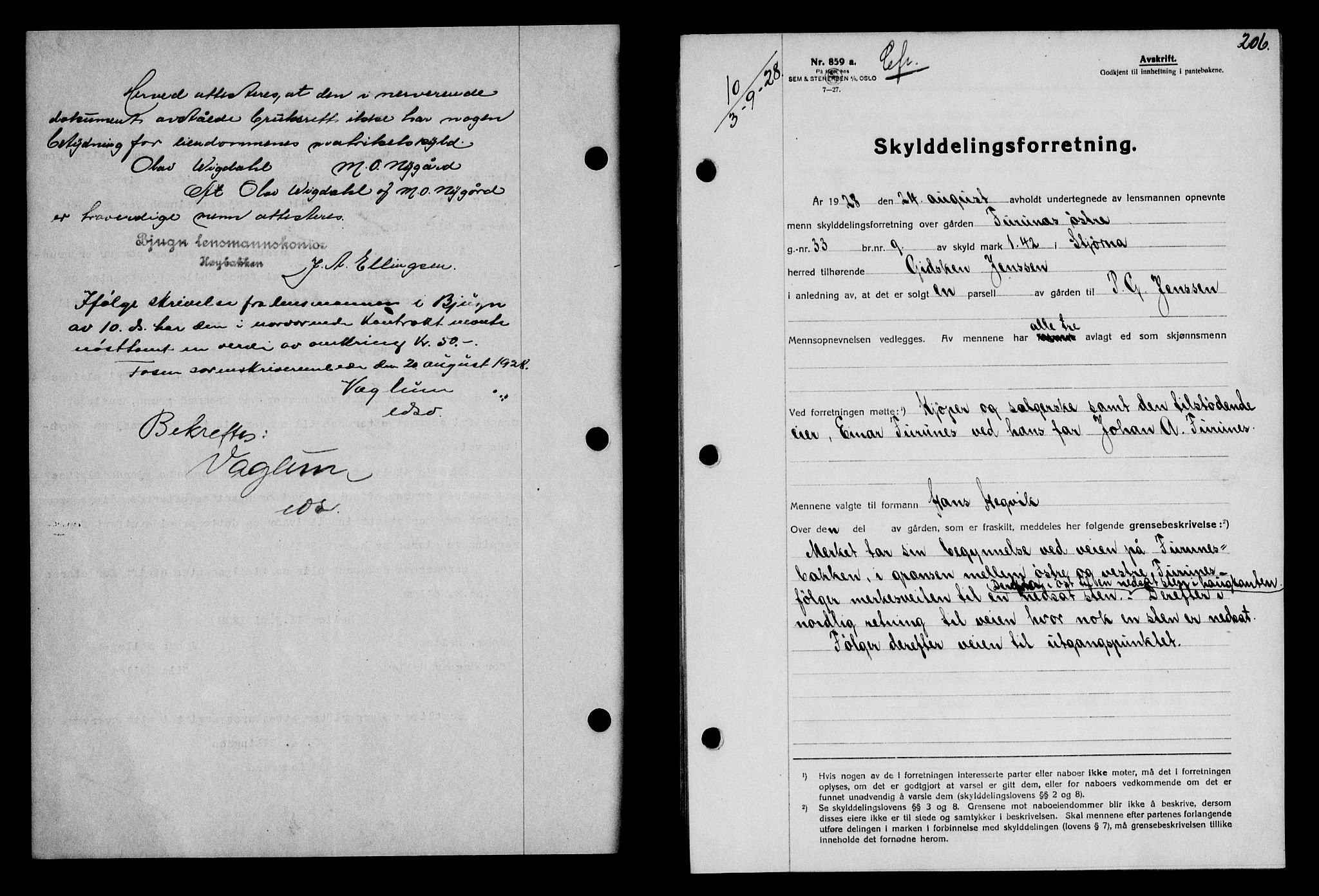 Fosen sorenskriveri, AV/SAT-A-1107/1/2/2C/L0067: Pantebok nr. 58, 1928-1929, s. 206, Tingl.dato: 03.09.1928