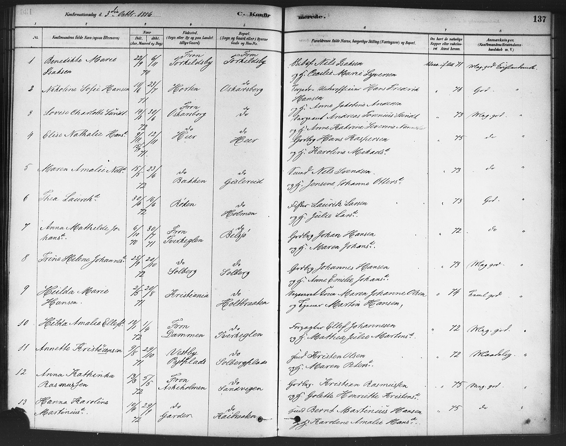 Drøbak prestekontor Kirkebøker, SAO/A-10142a/F/Fc/L0002: Ministerialbok nr. III 2, 1878-1891, s. 137