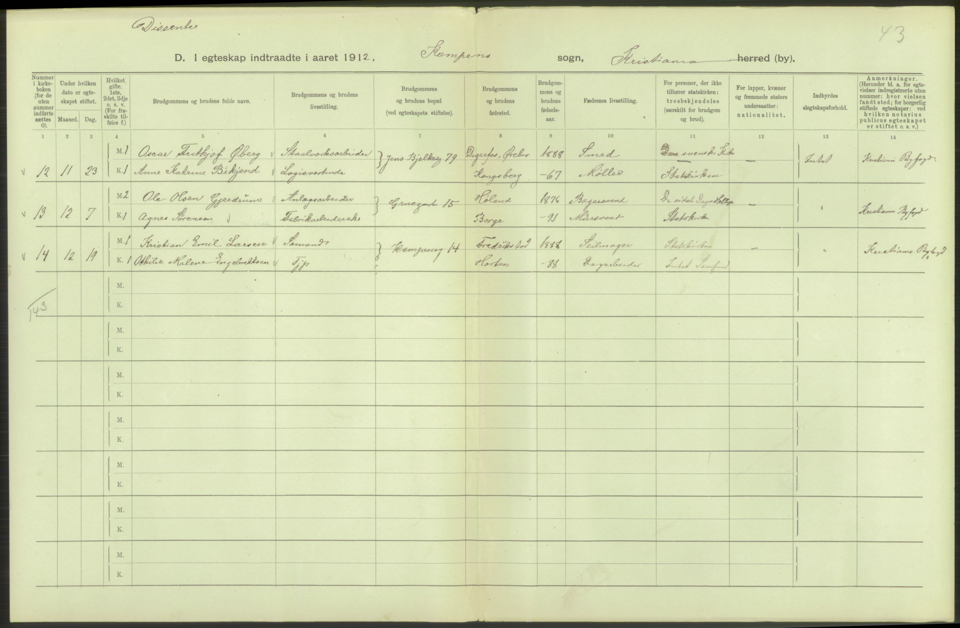 Statistisk sentralbyrå, Sosiodemografiske emner, Befolkning, AV/RA-S-2228/D/Df/Dfb/Dfbb/L0008: Kristiania: Gifte, 1912, s. 140