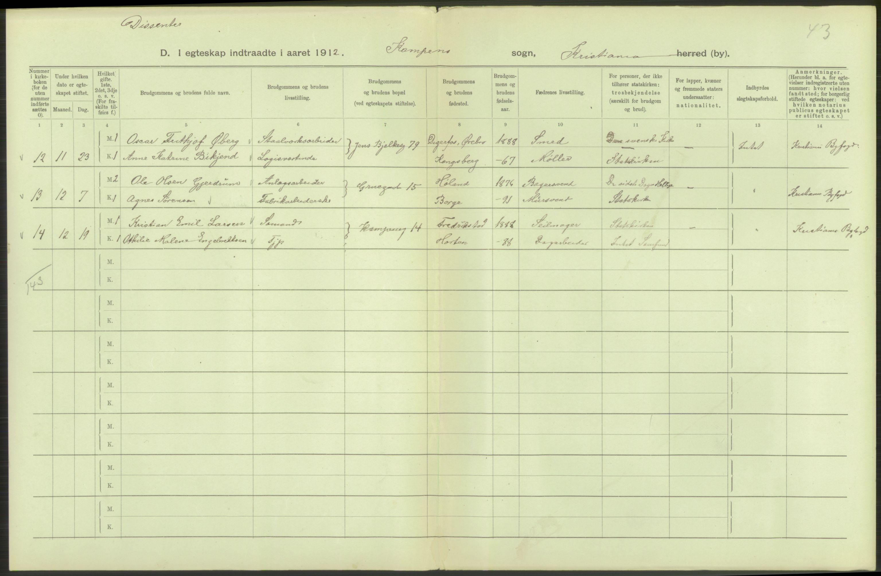 Statistisk sentralbyrå, Sosiodemografiske emner, Befolkning, RA/S-2228/D/Df/Dfb/Dfbb/L0008: Kristiania: Gifte, 1912, s. 140