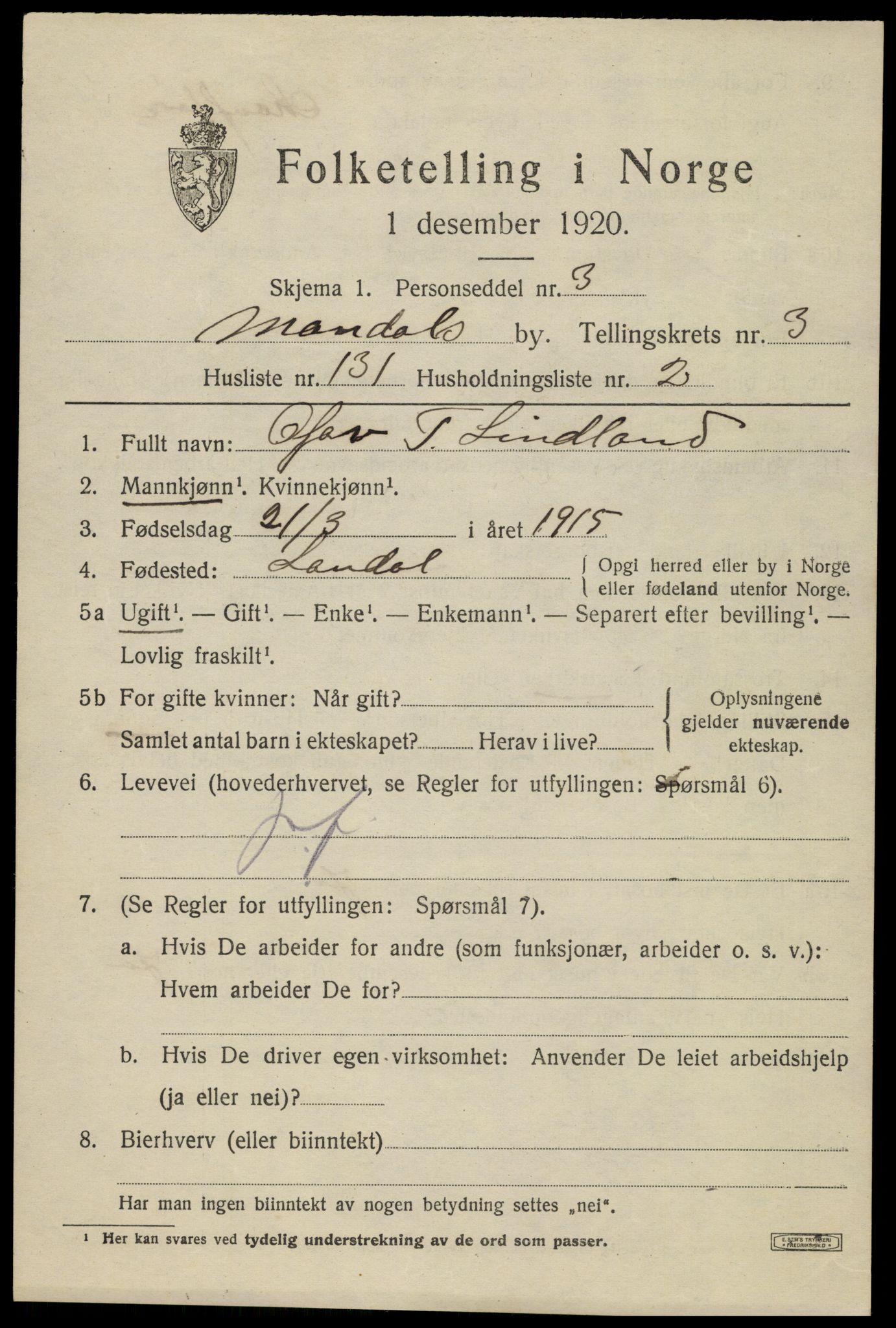 SAK, Folketelling 1920 for 1002 Mandal ladested, 1920, s. 6971
