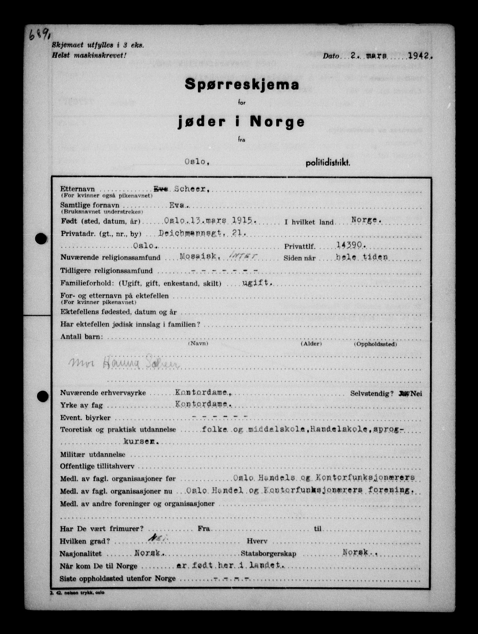 Statspolitiet - Hovedkontoret / Osloavdelingen, AV/RA-S-1329/G/Ga/L0011: Spørreskjema for jøder i Norge. 1: Oslo 610-806 (Plavnik-Zwillinger). 2: Aker 1-113 (Adler-Lewin). , 1942, s. 236