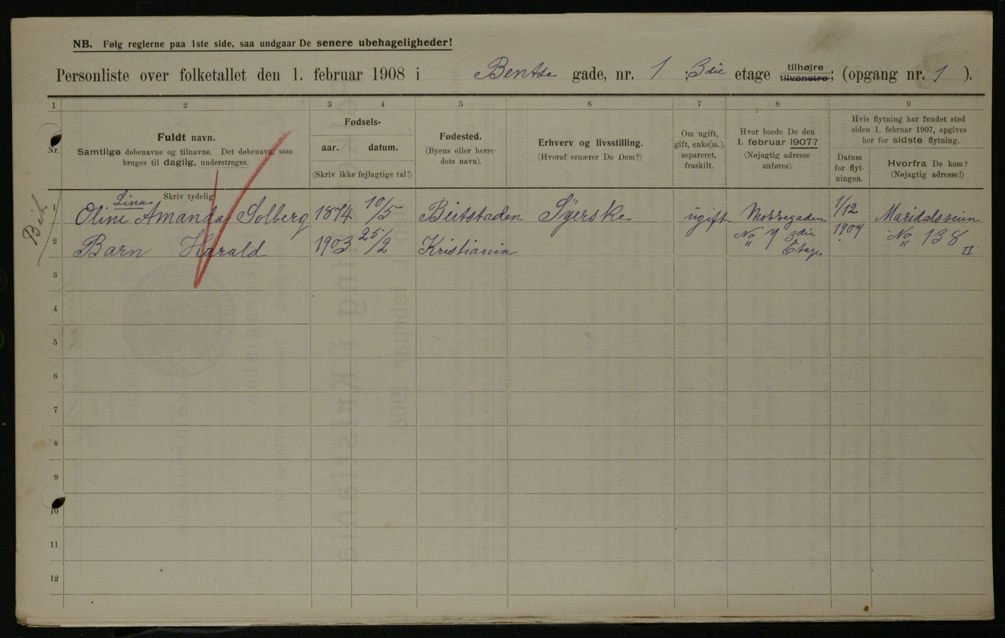 OBA, Kommunal folketelling 1.2.1908 for Kristiania kjøpstad, 1908, s. 3573