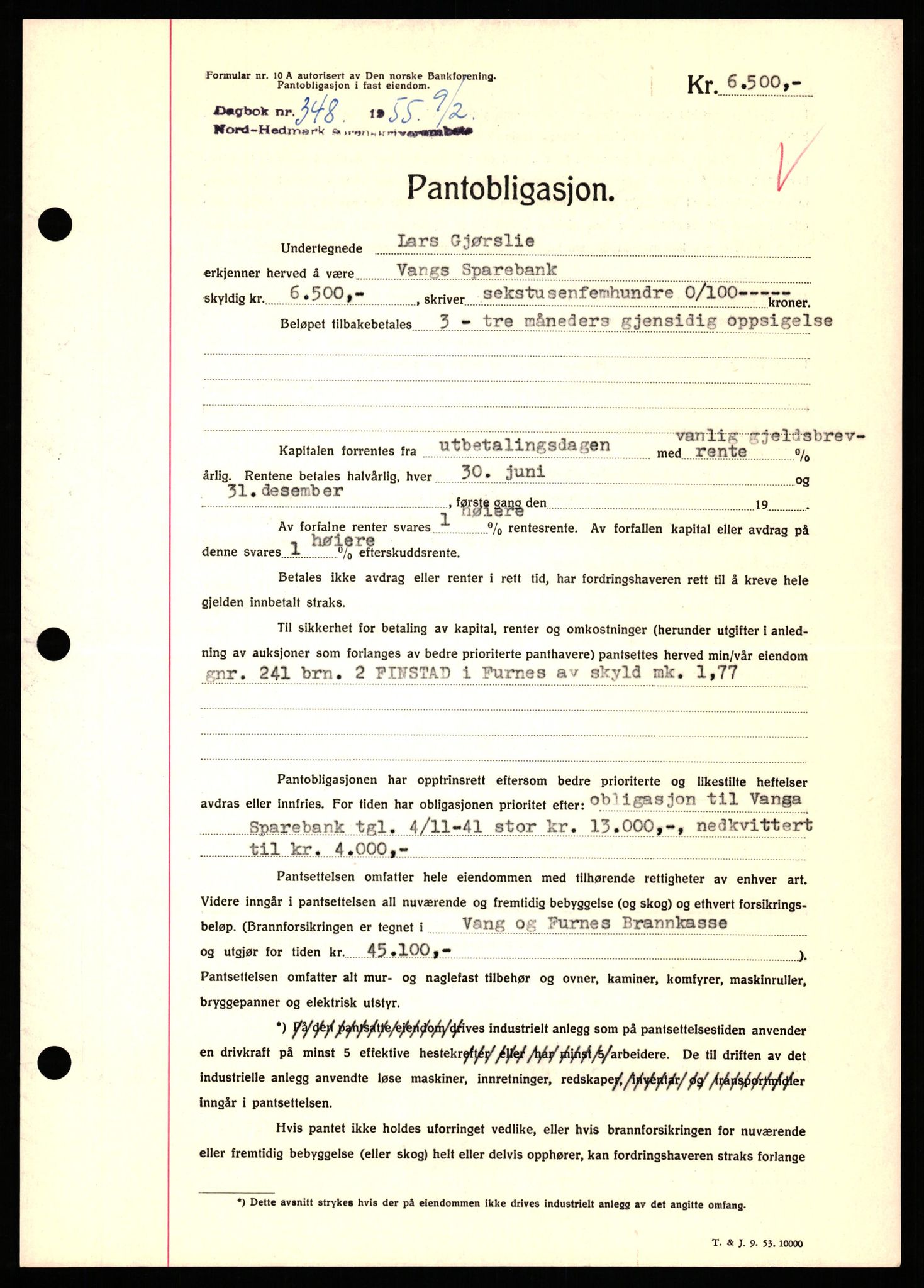 Nord-Hedmark sorenskriveri, SAH/TING-012/H/Hb/Hbf/L0032: Pantebok nr. B32, 1955-1955, Dagboknr: 348/1952