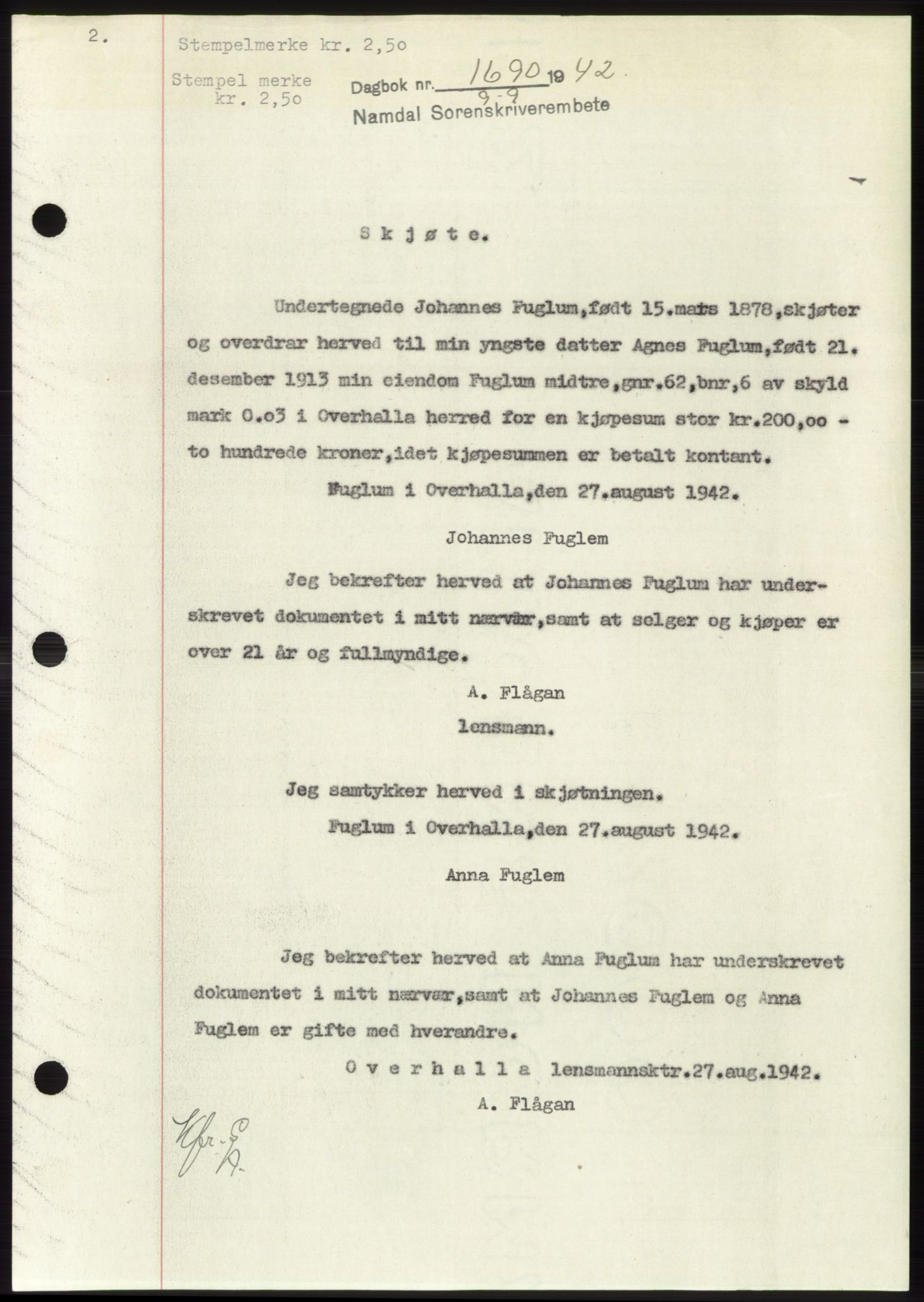 Namdal sorenskriveri, SAT/A-4133/1/2/2C: Pantebok nr. -, 1942-1943, Dagboknr: 1690/1942