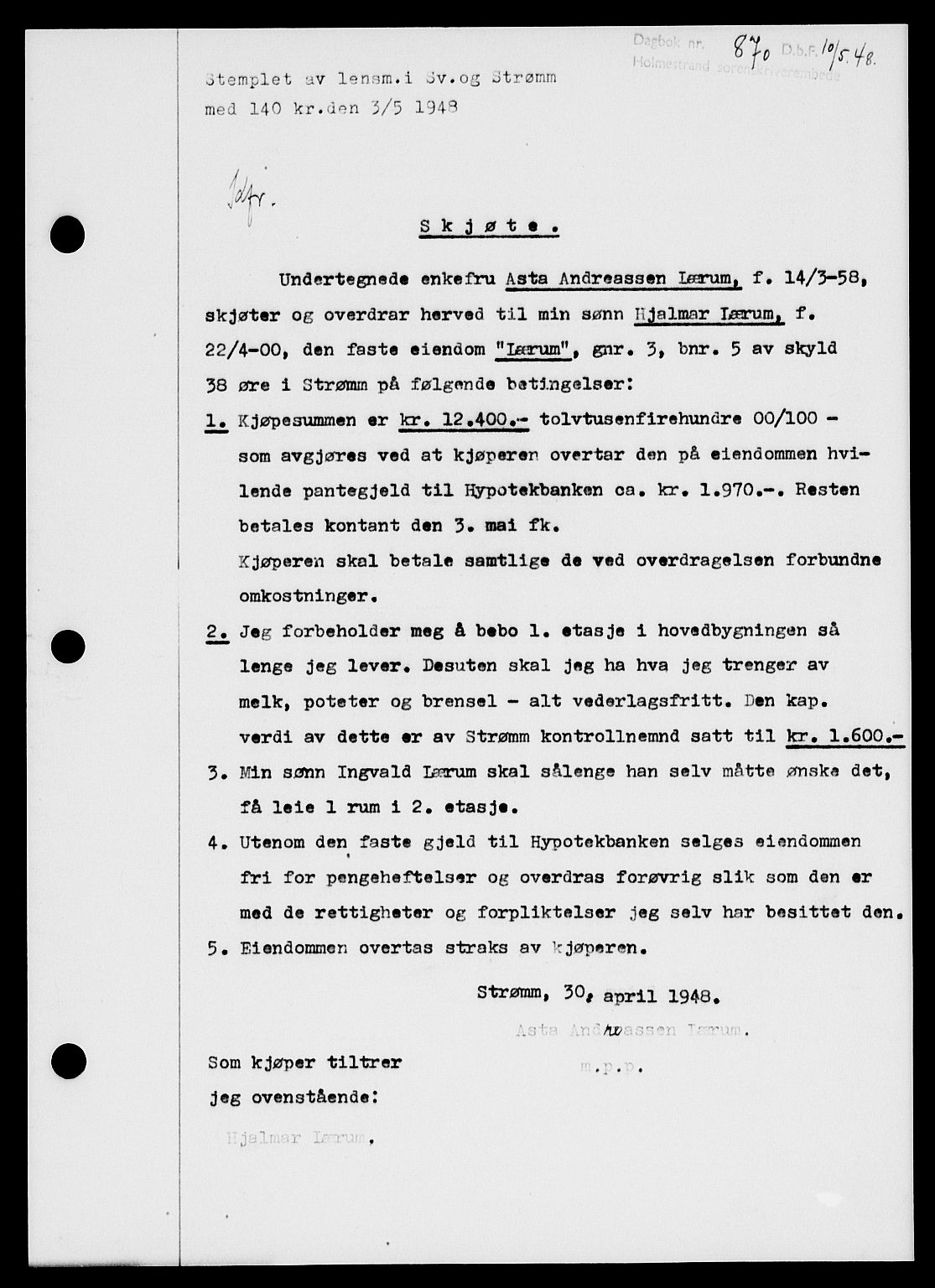 Holmestrand sorenskriveri, SAKO/A-67/G/Ga/Gaa/L0064: Pantebok nr. A-64, 1948-1948, Dagboknr: 870/1948