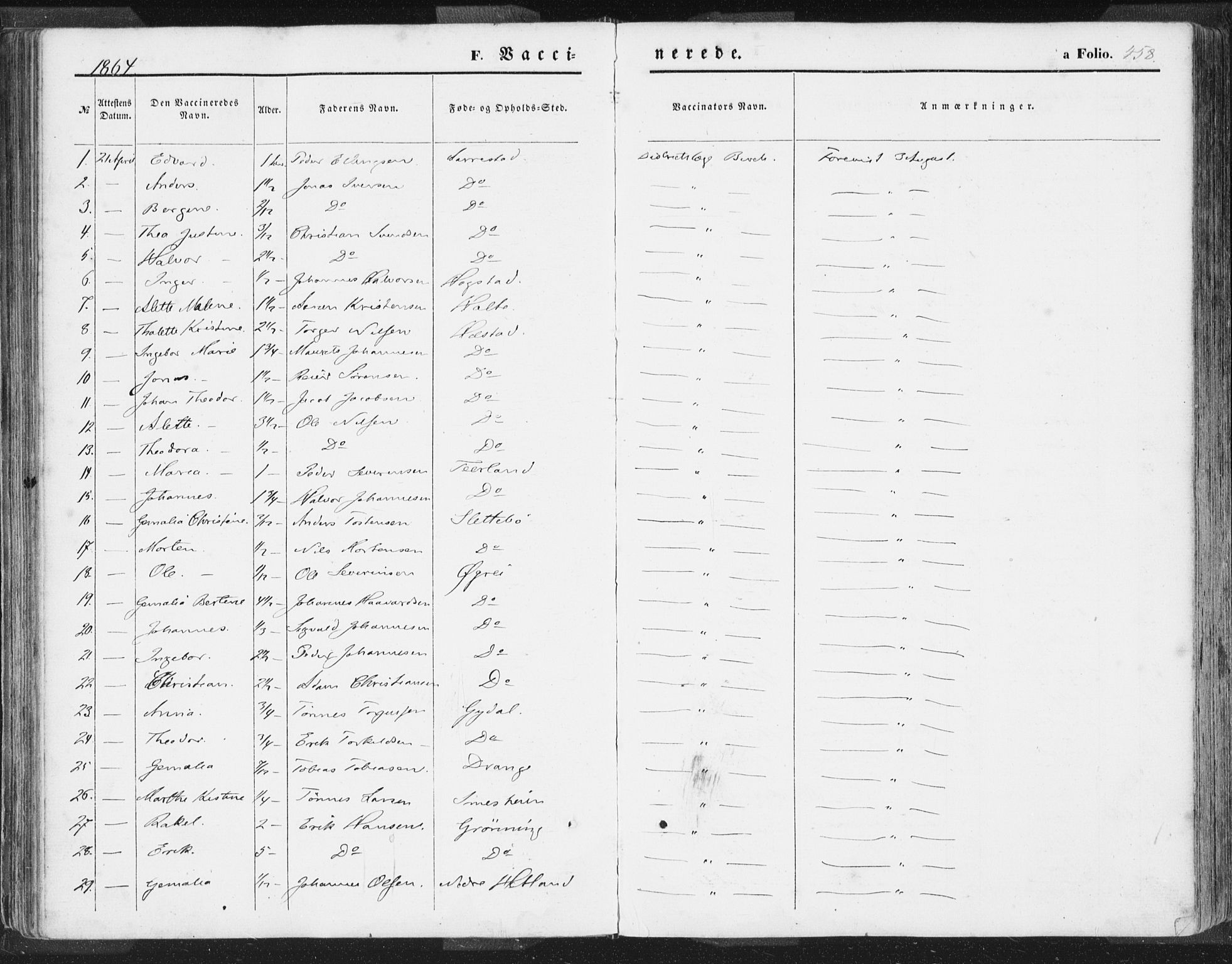 Helleland sokneprestkontor, SAST/A-101810: Ministerialbok nr. A 7.2, 1863-1886, s. 458